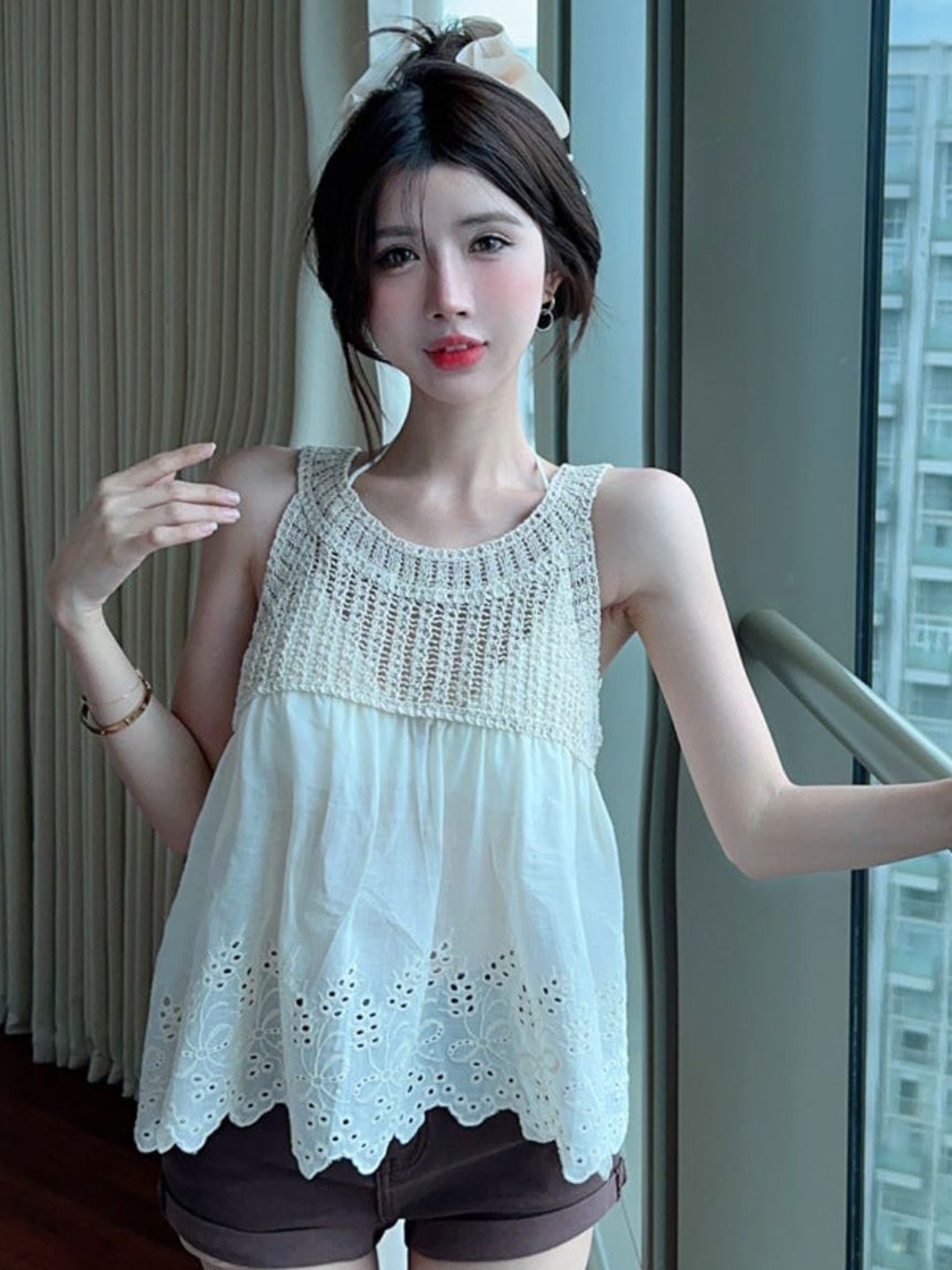 

DressBerry White Self Design Round Neck Crochet Top