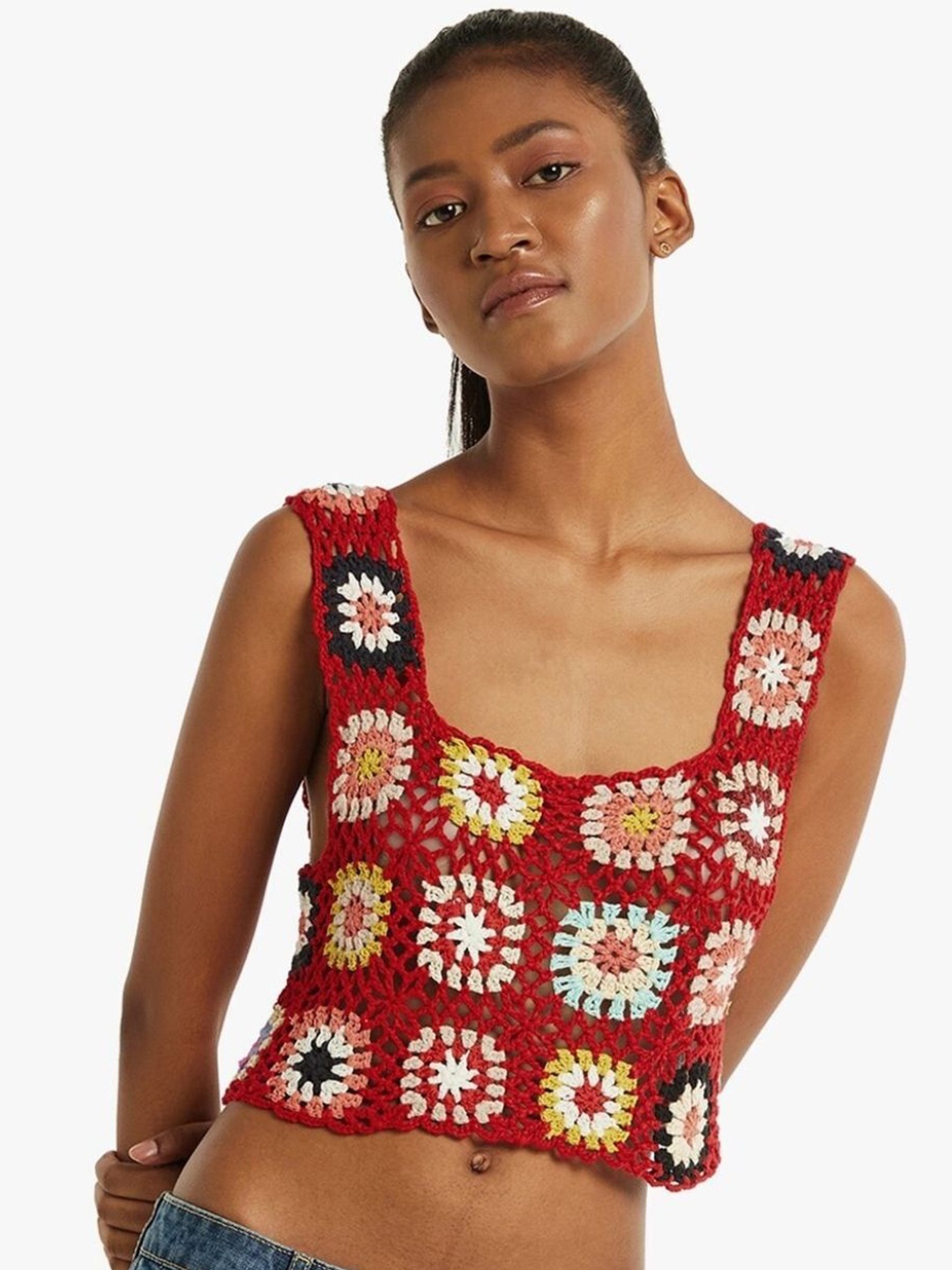 

DressBerry Red Self Design Square Neck Crochet Crop Top