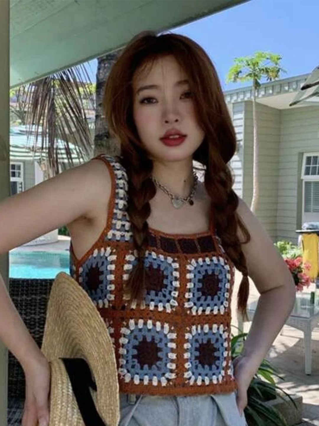 

DressBerry Brown Self Design Crochet Crop Top