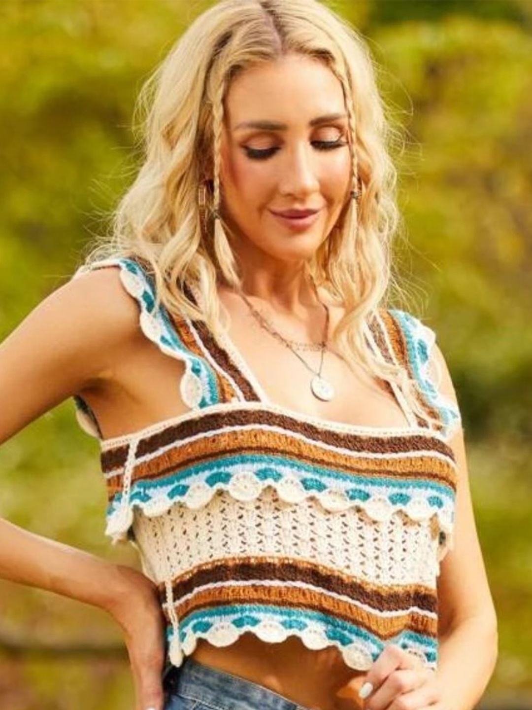 

DressBerry Off White Self Design Crochet Crop Top