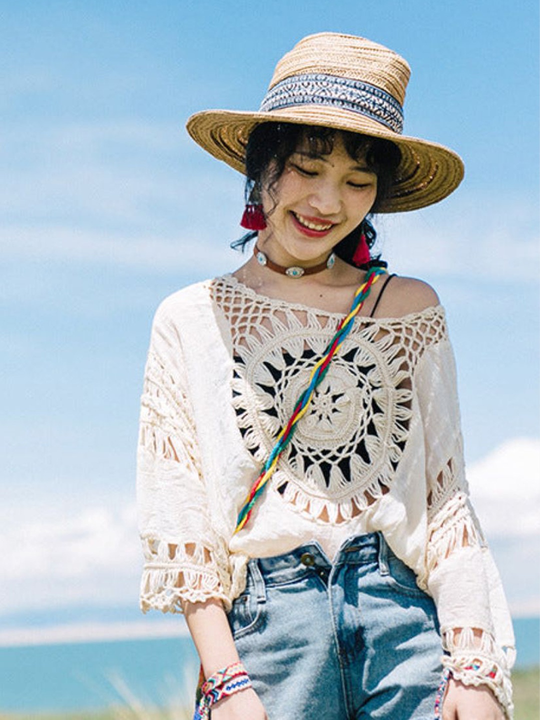 

DressBerry Beige Self Design Embroidered Bell Sleeve Cotton Styled Back Crop Top