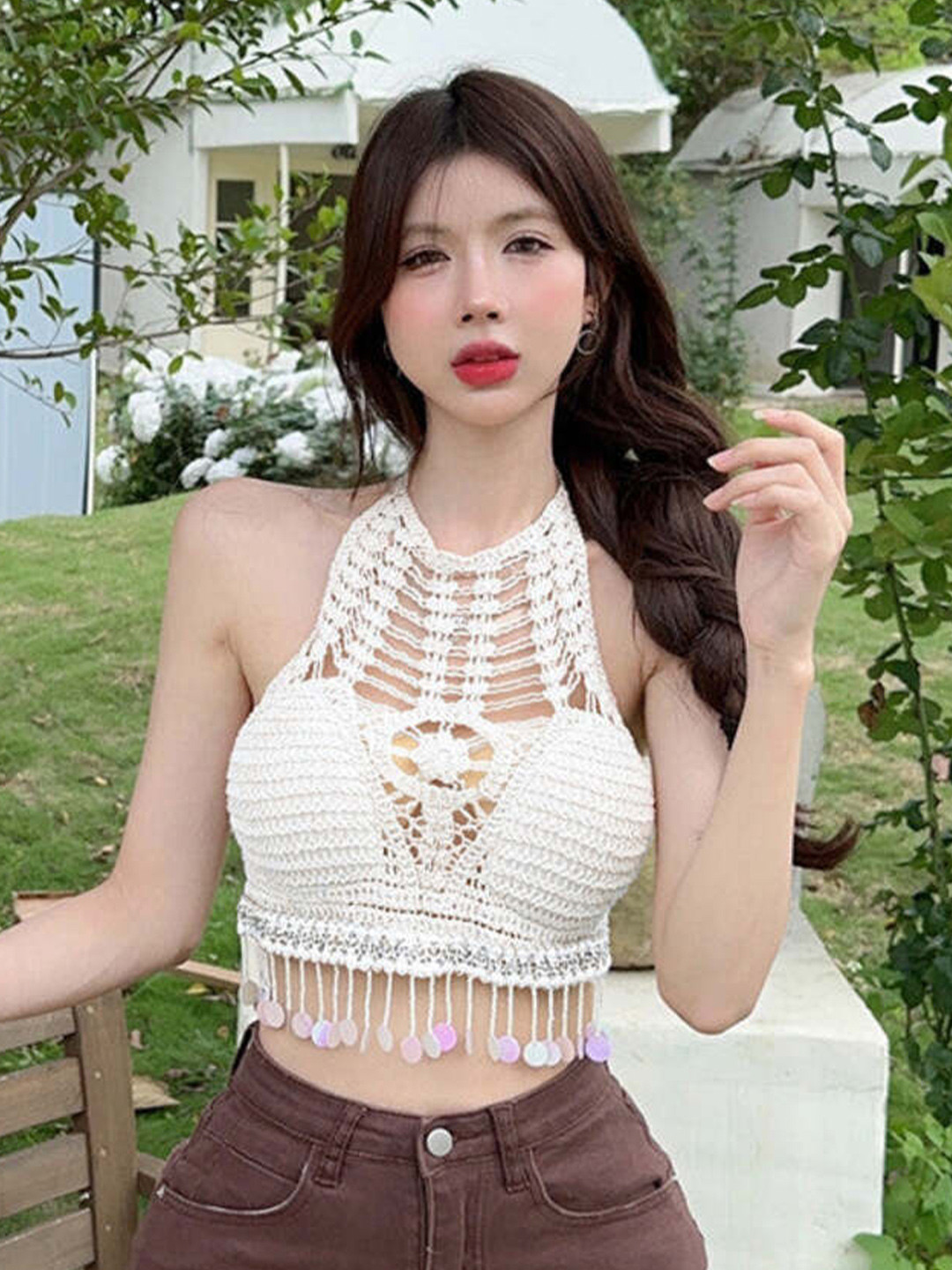 

DressBerry White Abstract Embroidered Bralette Halter Neck Top