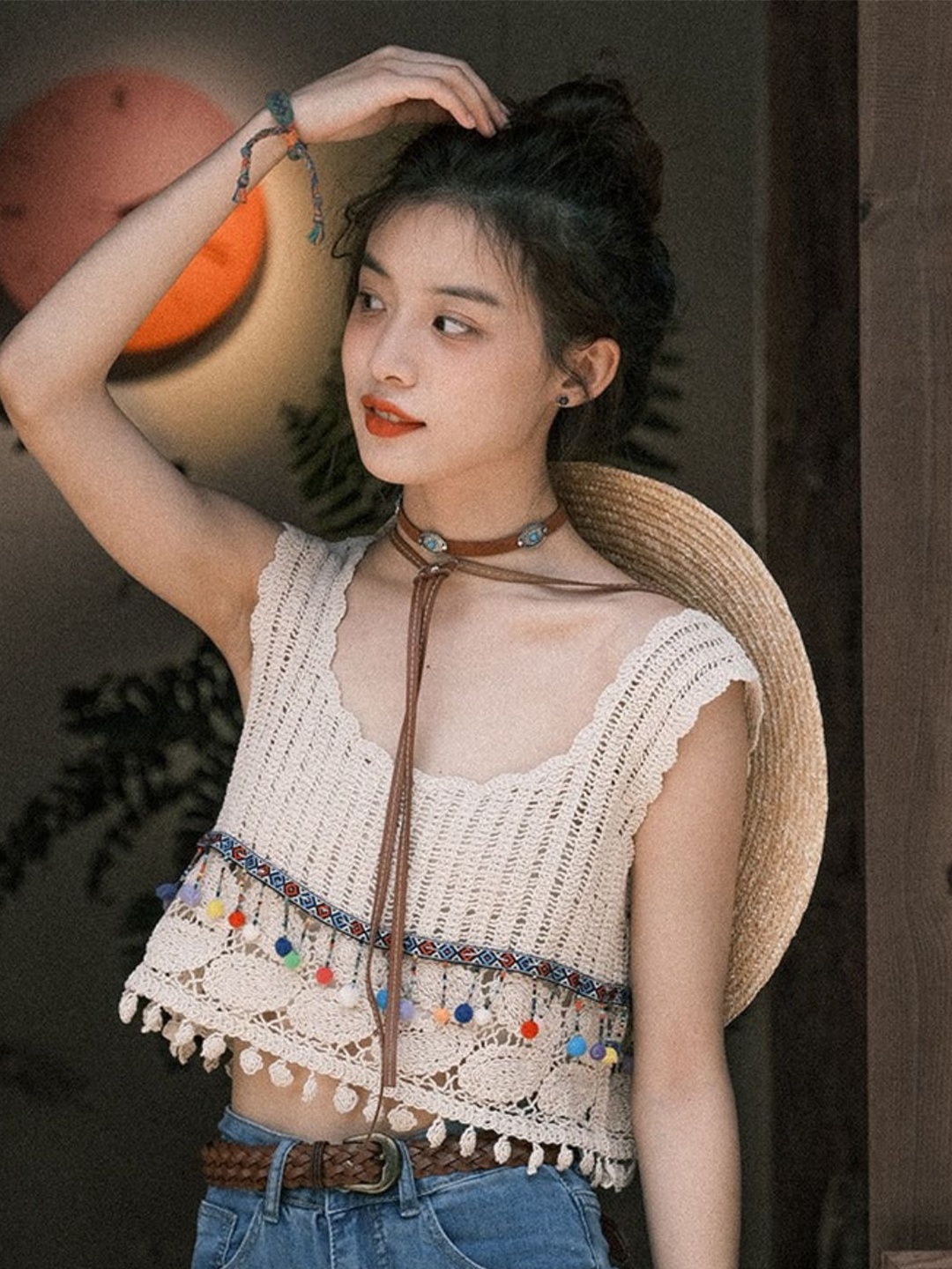 

DressBerry White Self Design Embroidered Scoop Neck Top, Beige