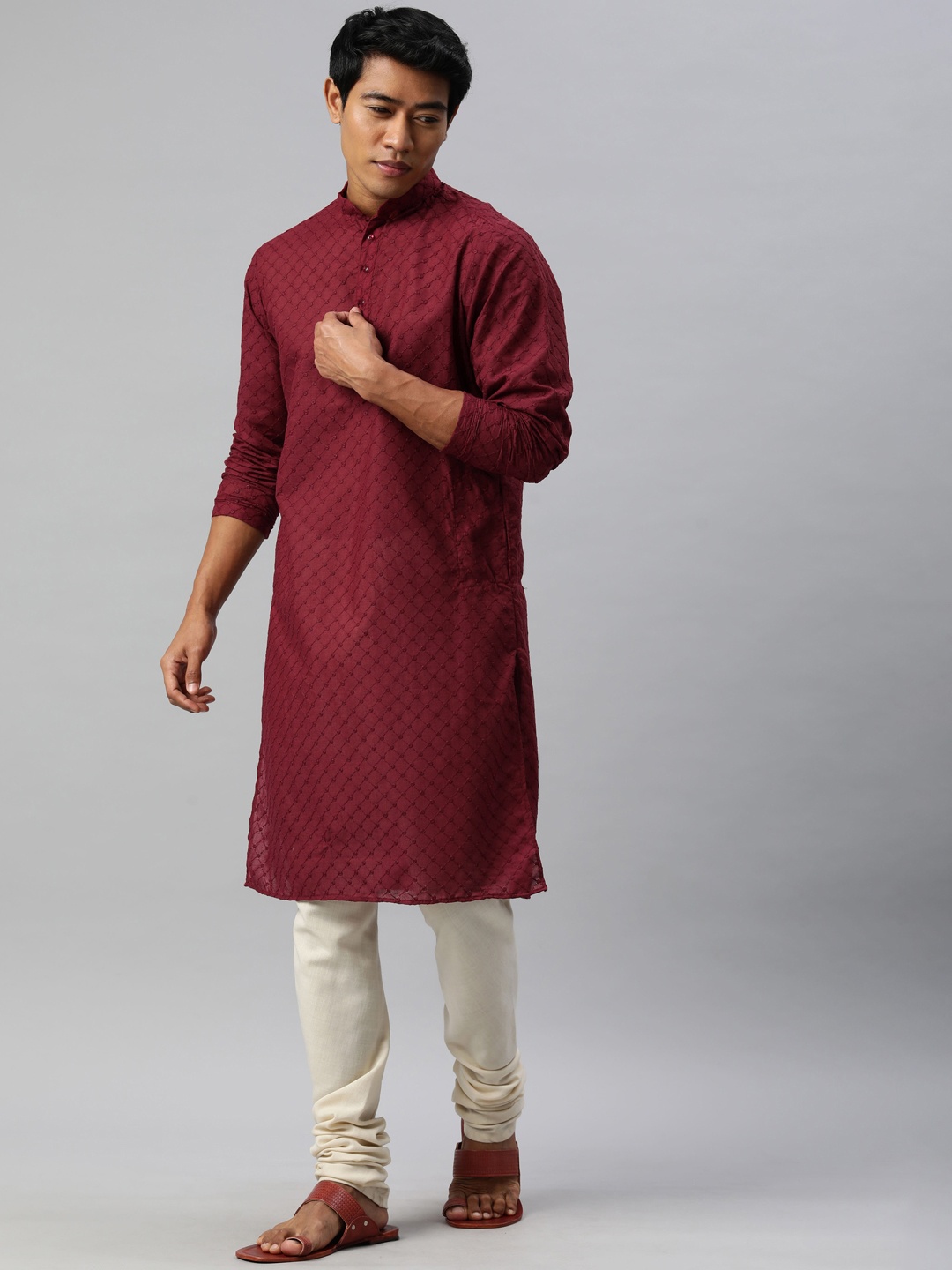 

Majestic Man Men Geometric Embroidered Thread Work Kurta, Maroon