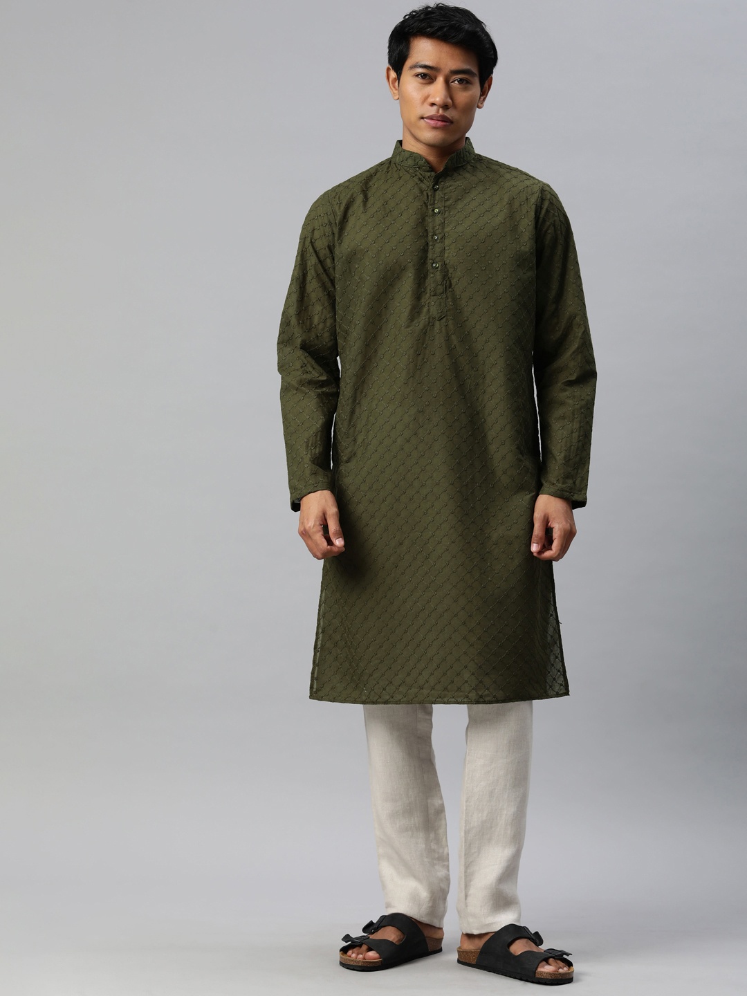

Majestic Man Men Geometric Embroidered Thread Work Kurta, Olive