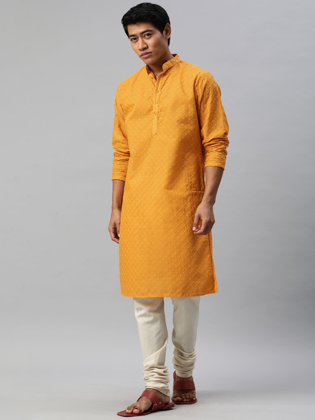 

Majestic Man Men Geometric Embroidered Thread Work Kurta, Mustard