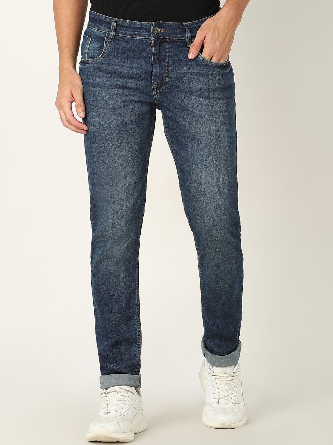 

R&B Men Mid-Rise Clean Look Skinny Fit Heavy Fade Cotton Jeans, Blue
