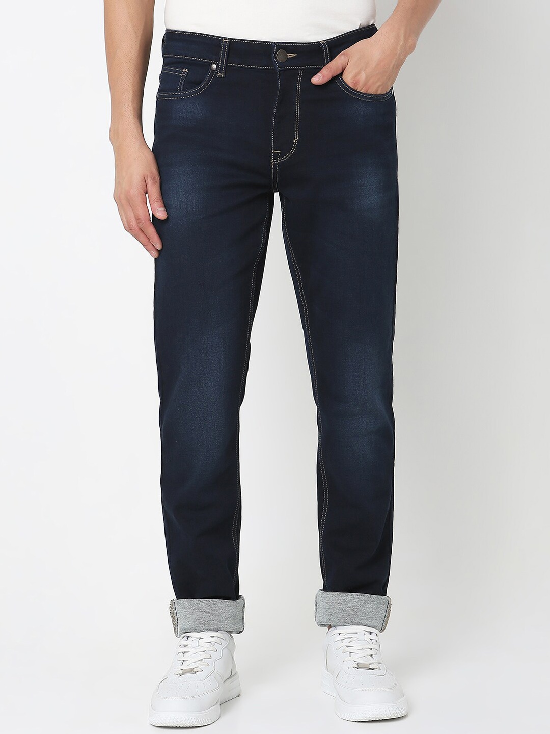 

R&B Men Mid-Rise Clean Look Slim Fit Light Fade Cotton Jeans, Blue