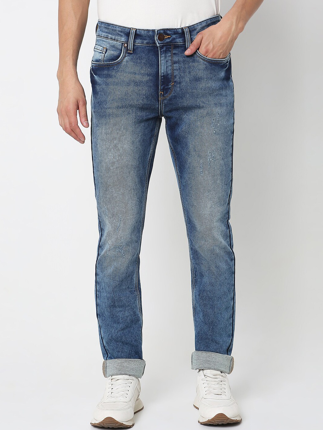 

R&B Men Mid-Rise Clean Look Slim Fit Heavy Fade Cotton Jeans, Blue
