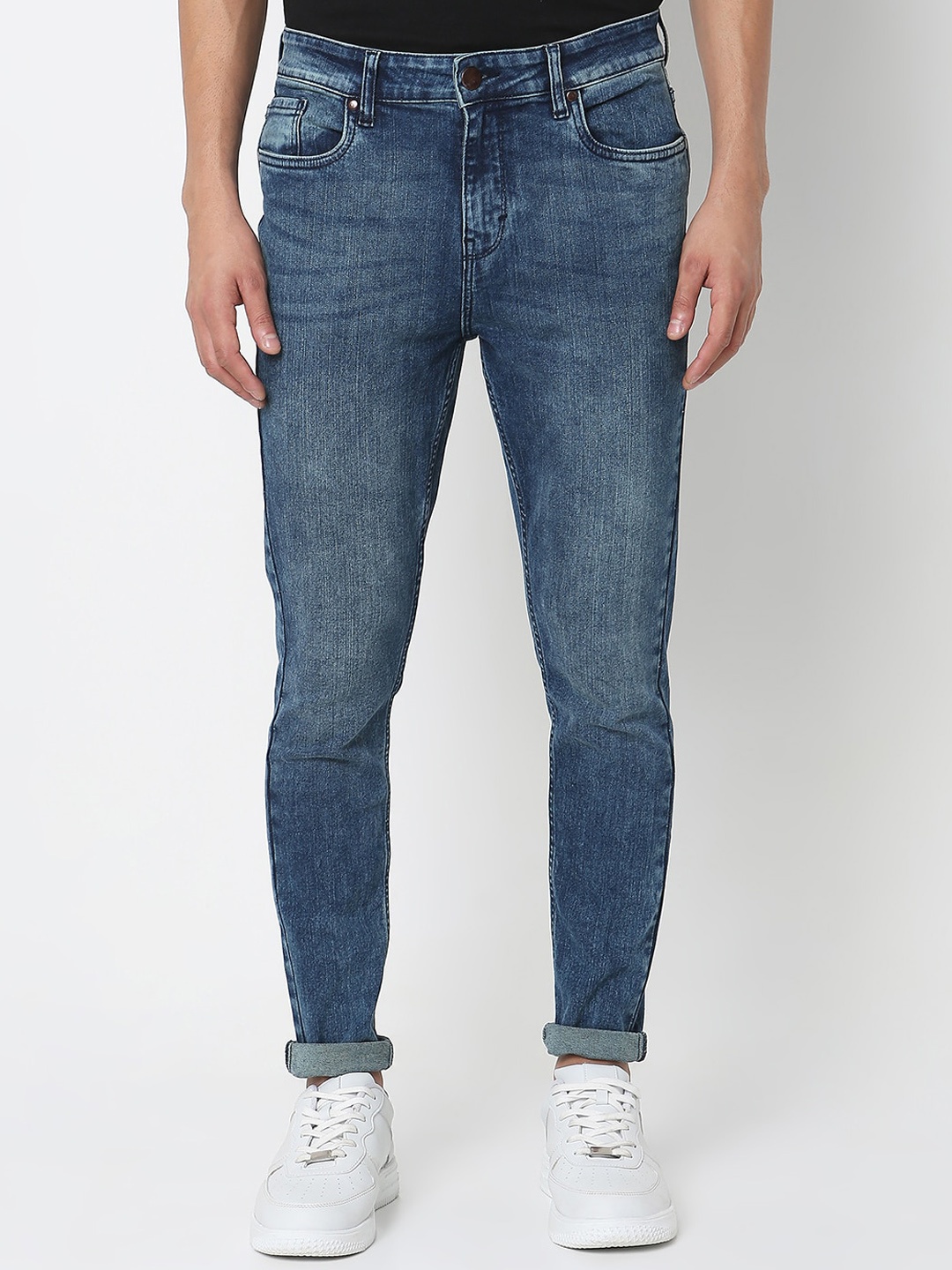 

R&B Men Mid-Rise Clean Look Slim Fit Heavy Fade Cotton Jeans, Blue