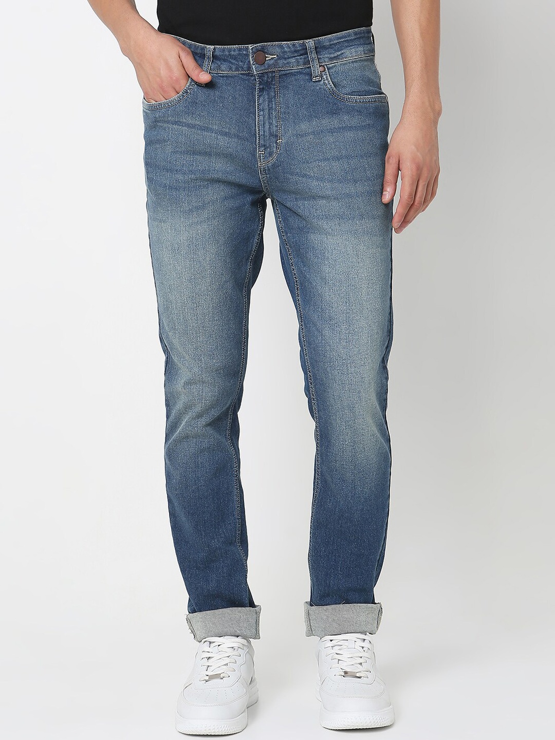 

R&B Men Mid-Rise Clean Look Slim Fit Heavy Fade Cotton Jeans, Blue