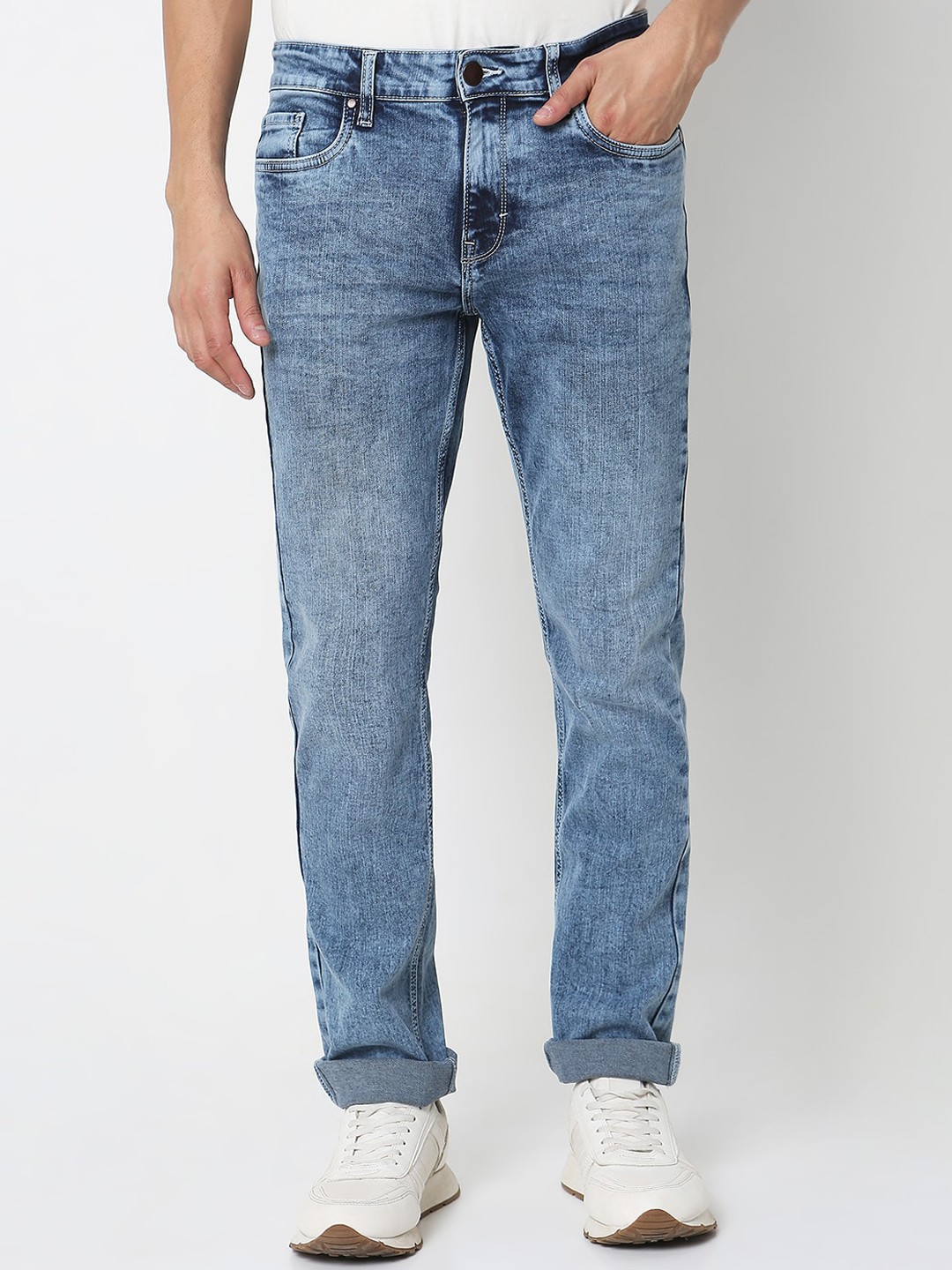 

R&B Men Mid-Rise Clean Look Slim Fit Heavy Fade Cotton Jeans, Blue
