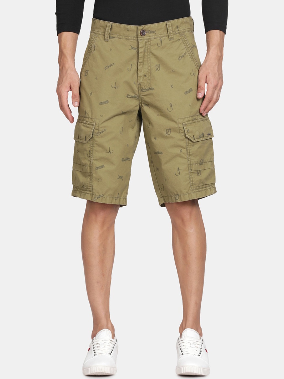 

t-base Men Conversational Printed Cotton Cargo Shorts, Olive
