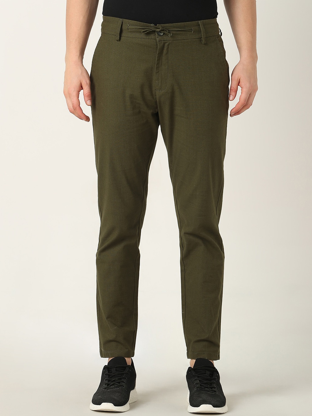 

R&B Men Slim Fit Mid-Rise Cotton Trousers, Olive