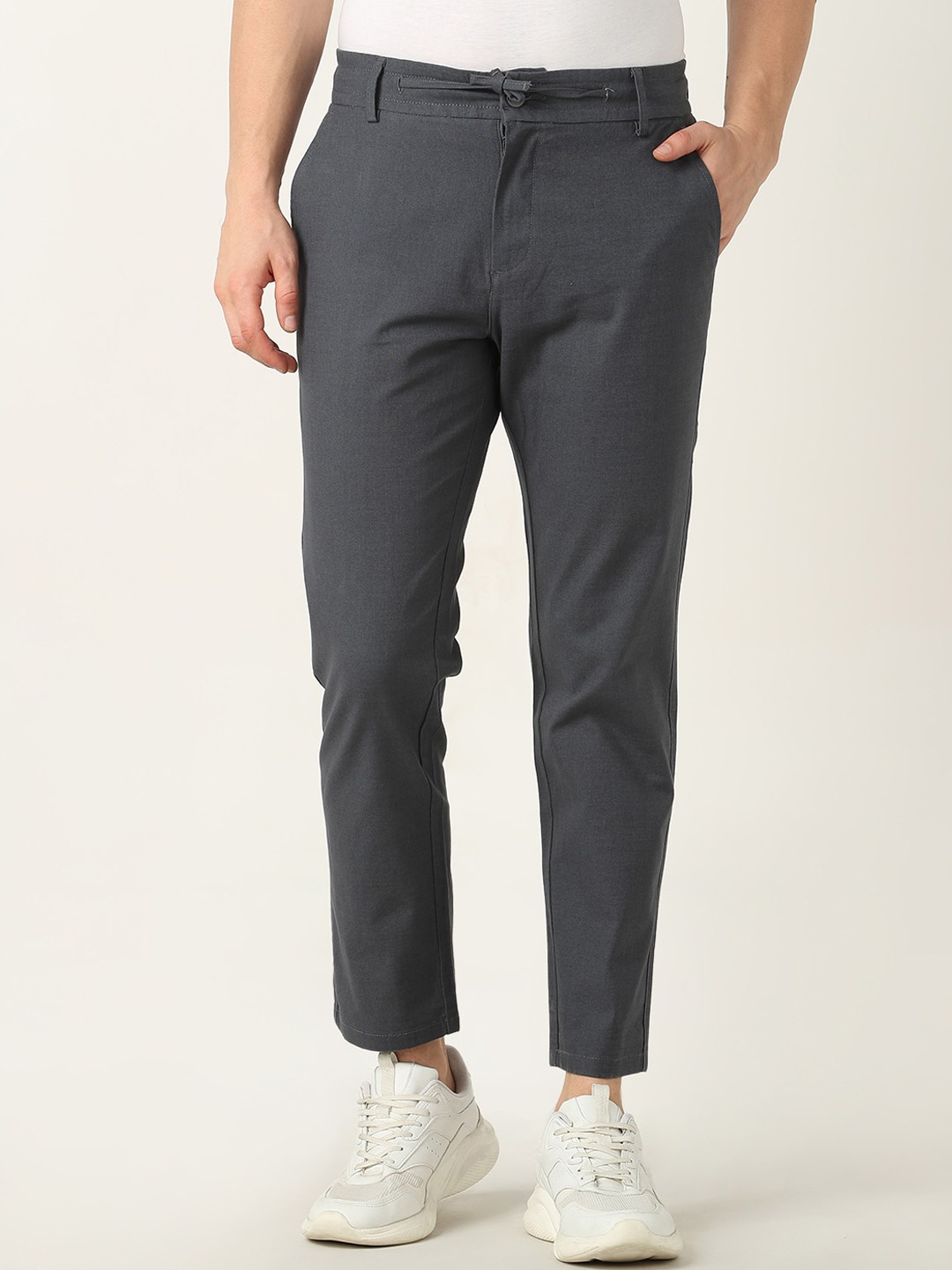 

R&B Men Textured Self Design Slim Fit Cotton Trousers, Grey