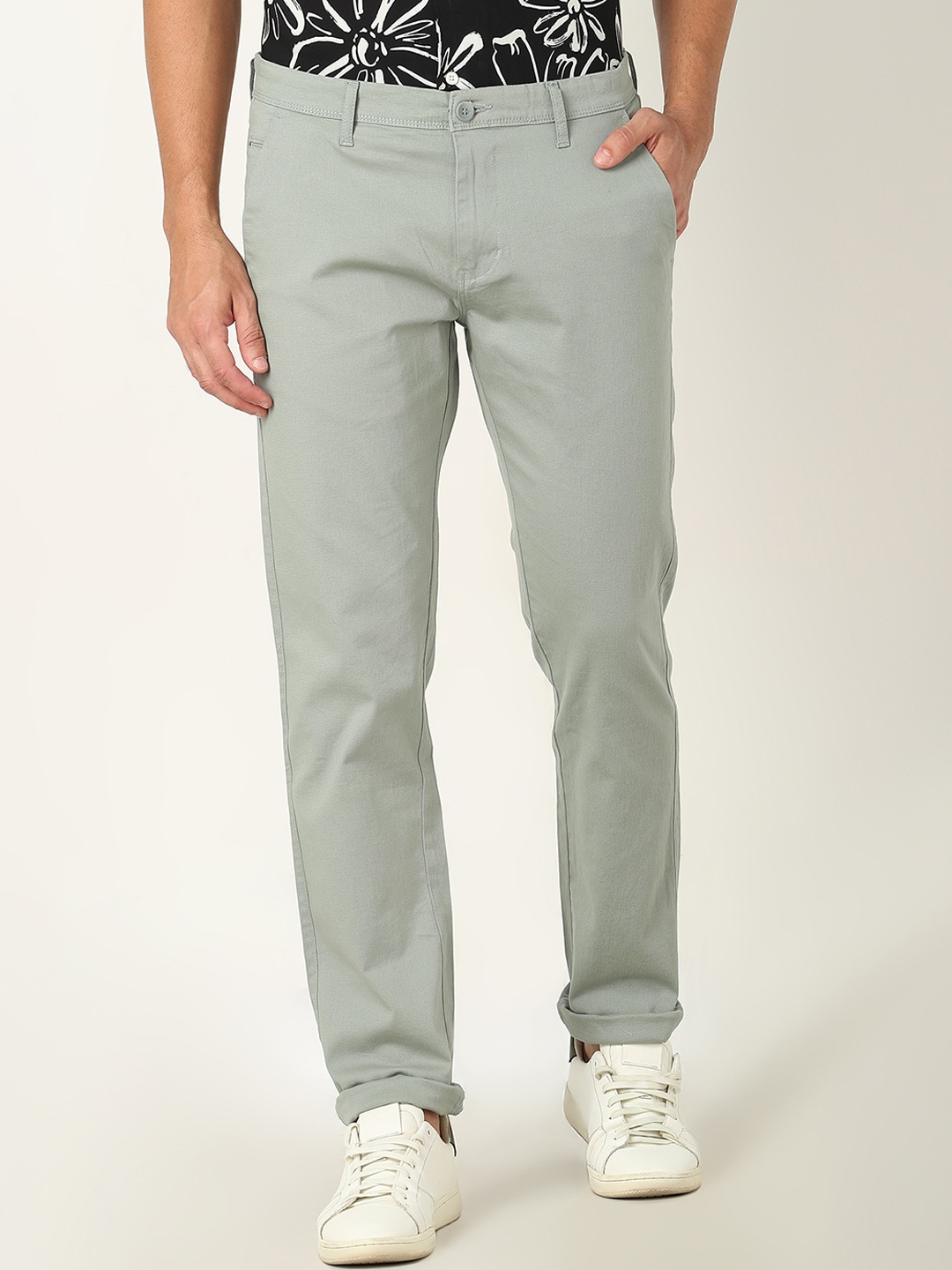 

R&B Men Slim Fit Mid-Rise Cotton Chinos Trousers, Green