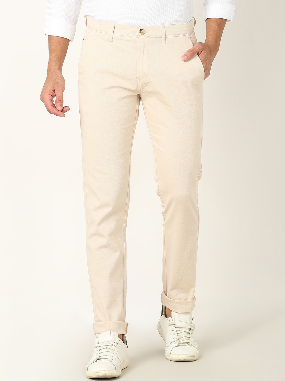 

R&B Men Slim Fit Mid-Rise Cotton Chinos Trousers, Beige