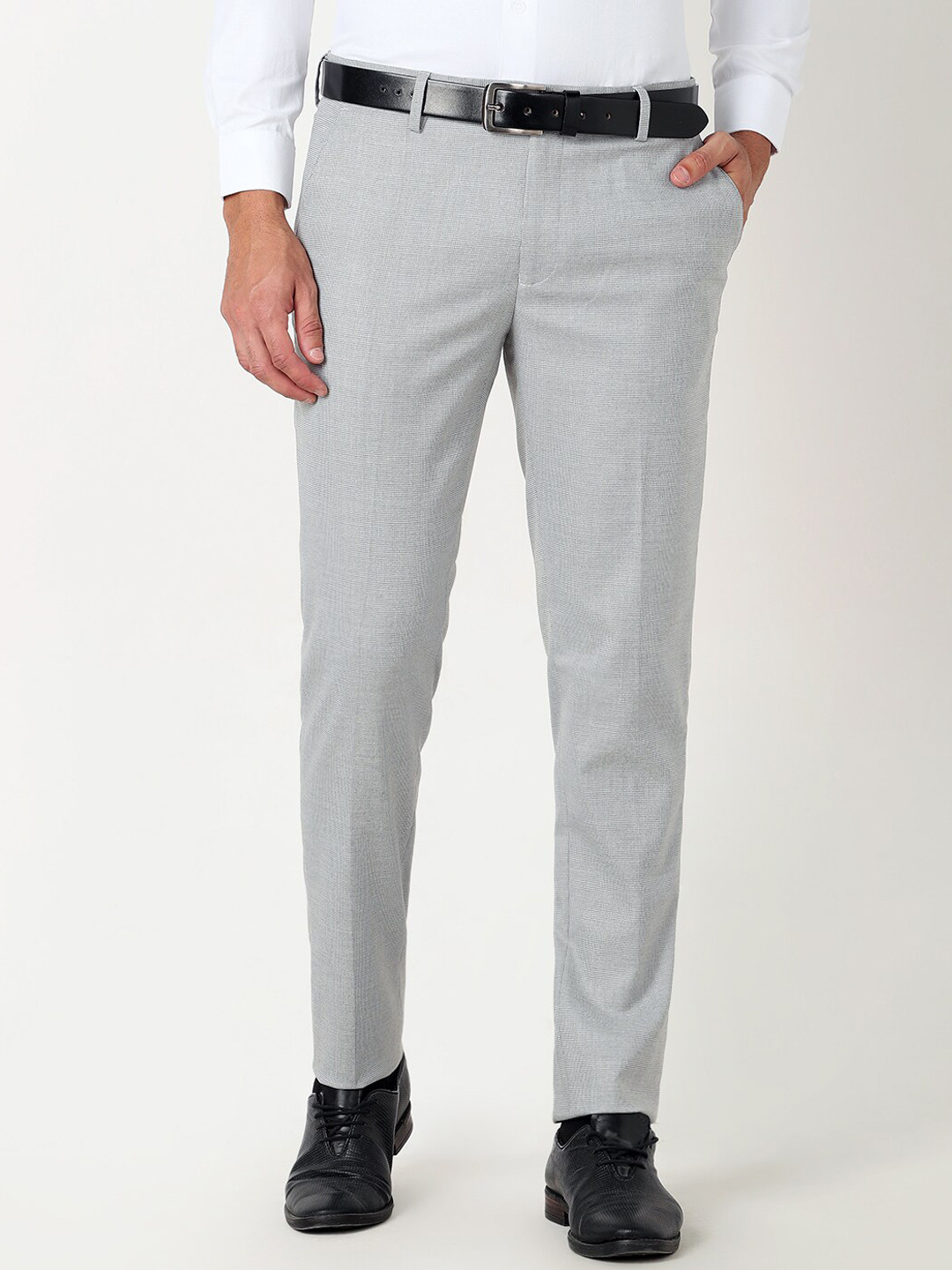 

R&B Men Slim Fit Mid-Rise Cotton Formal Trousers, Grey
