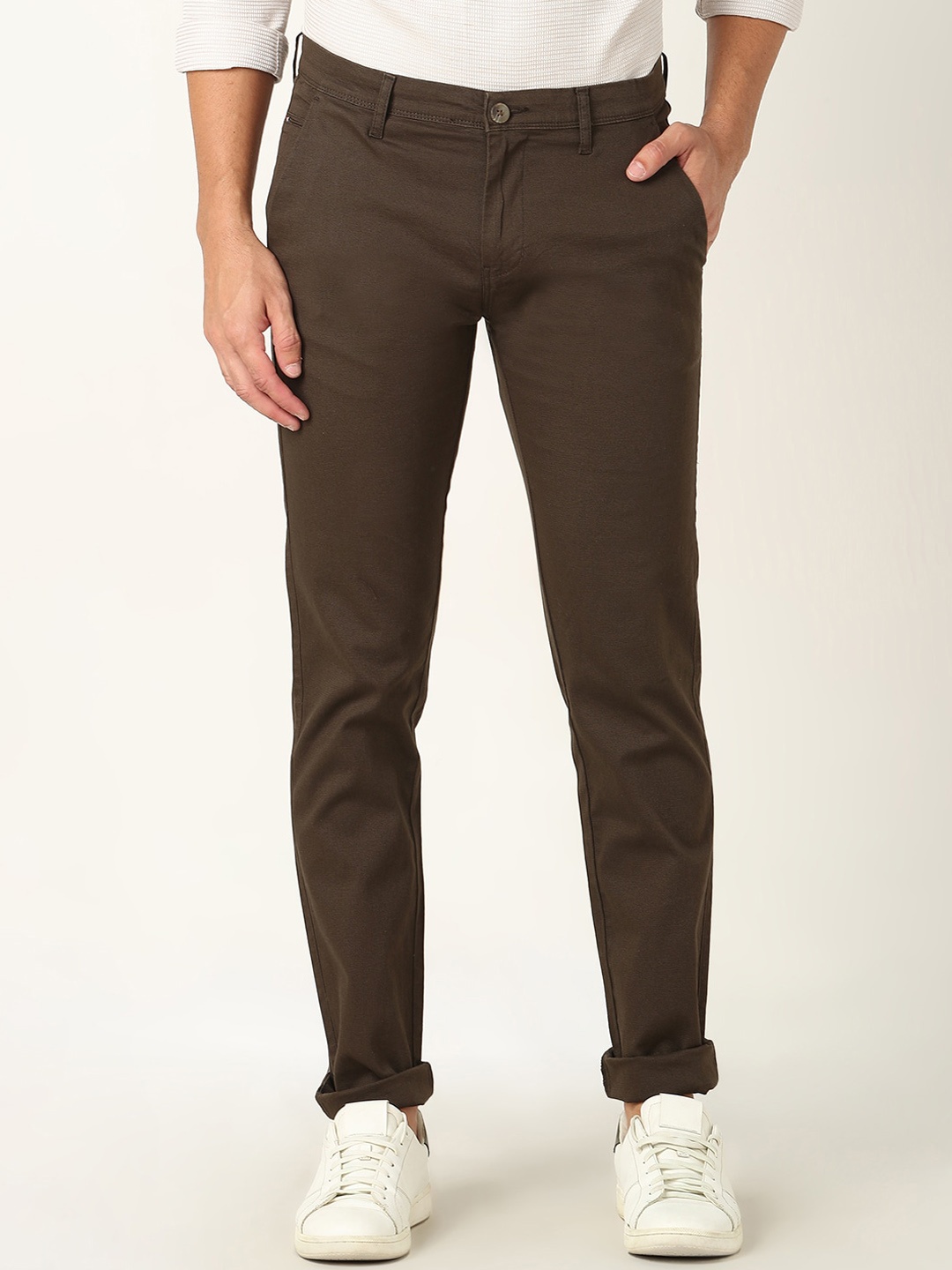 

R&B Men Slim Fit Mid-Rise Cotton Trousers, Olive