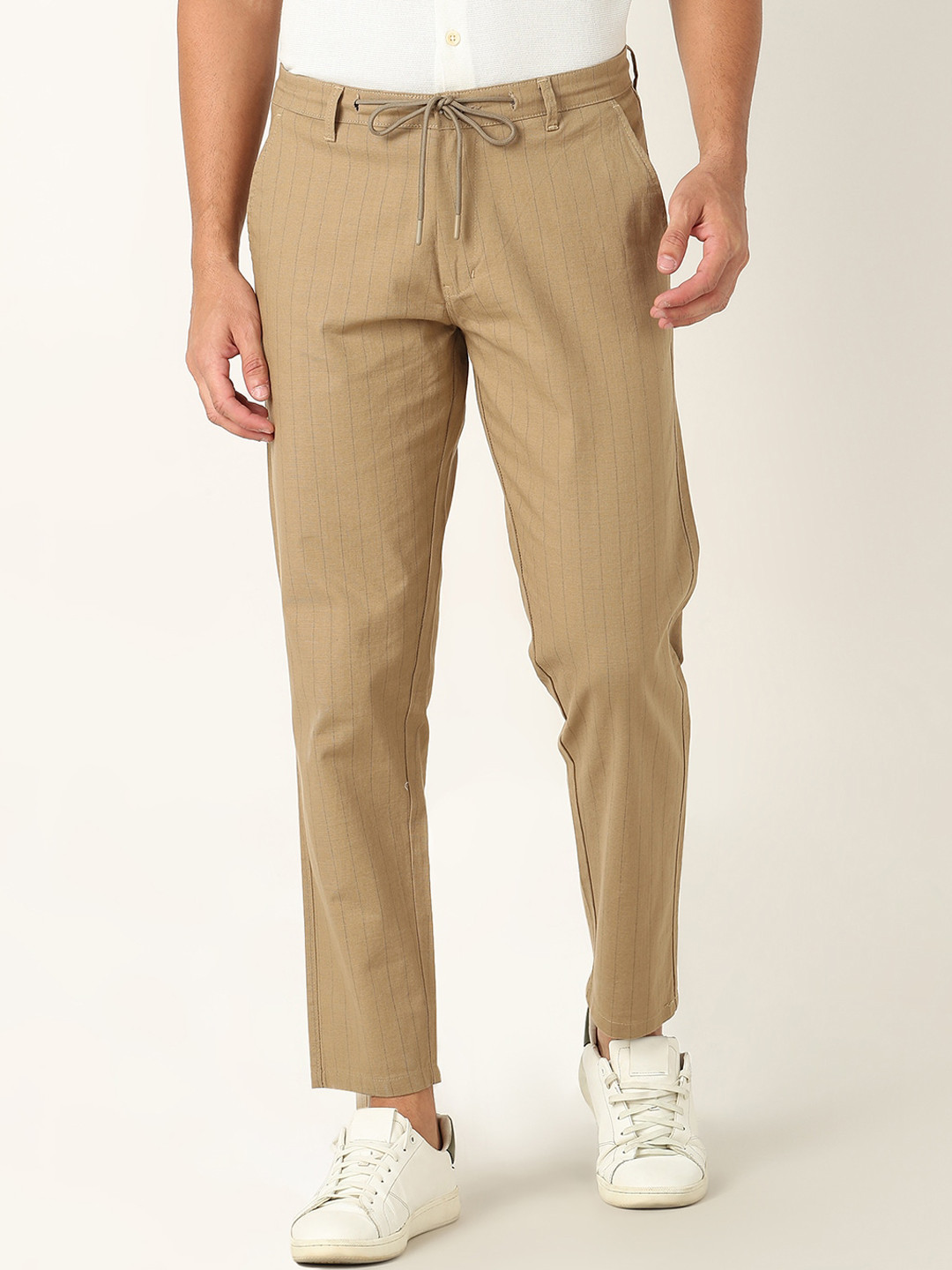 

R&B Men Striped Slim Fit Mid-Rise Cotton Trousers, Khaki