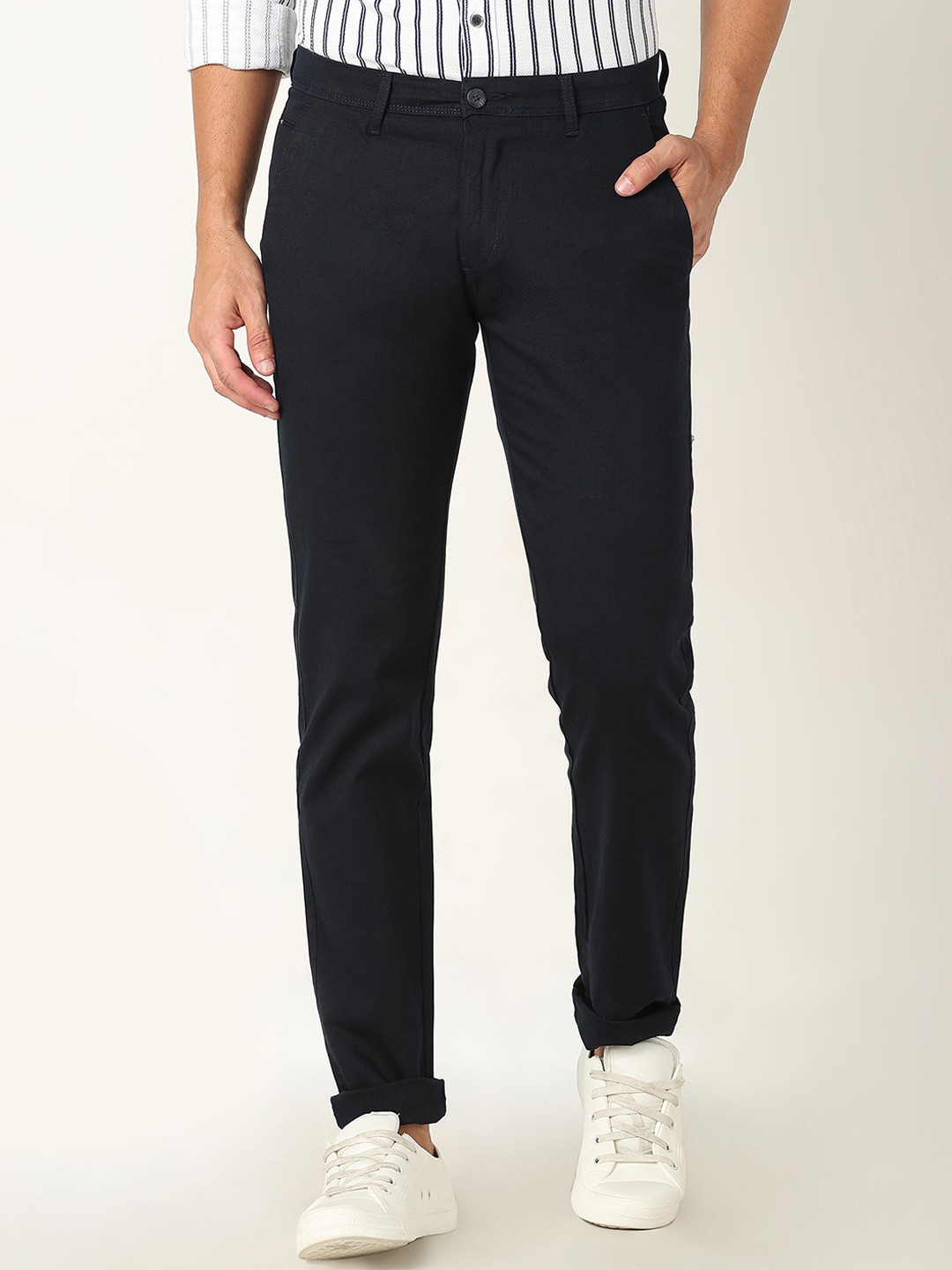 

R&B Men Slim Fit Mid-Rise Cotton Trousers, Navy blue