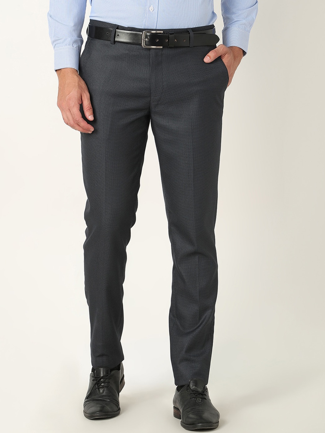 

R&B Men Slim Fit Mid-Rise Cotton Formal Trousers, Navy blue