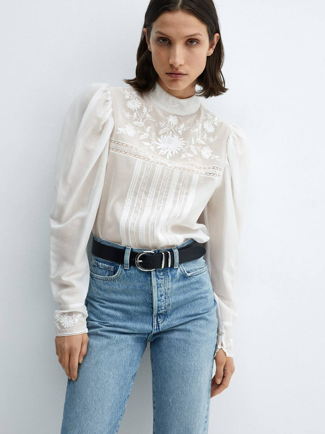 

MANGO Embroidered Lace Inserts Pleated Top, White
