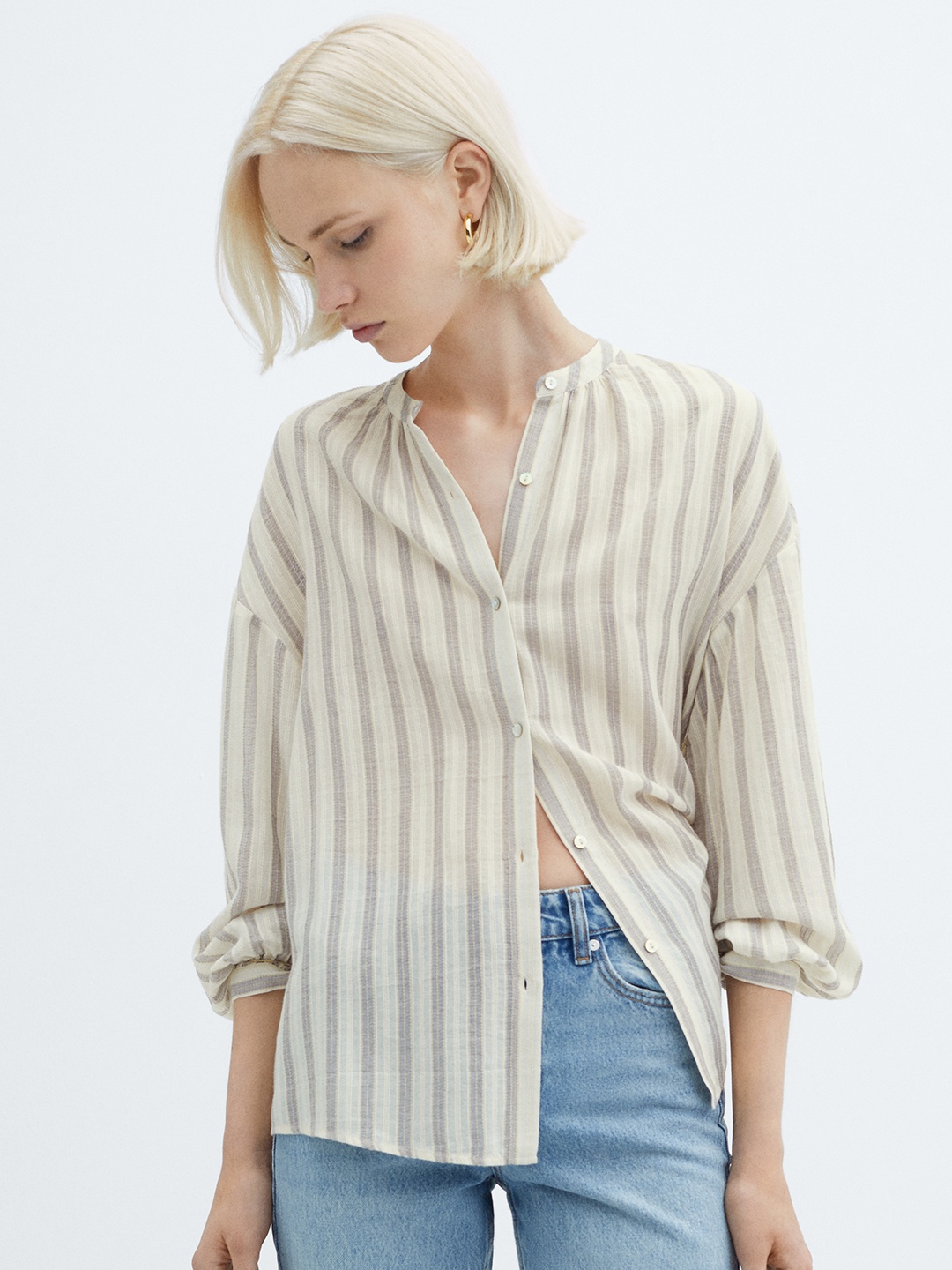 

MANGO Women Striped Pure Cotton Casual Shirt, Off white