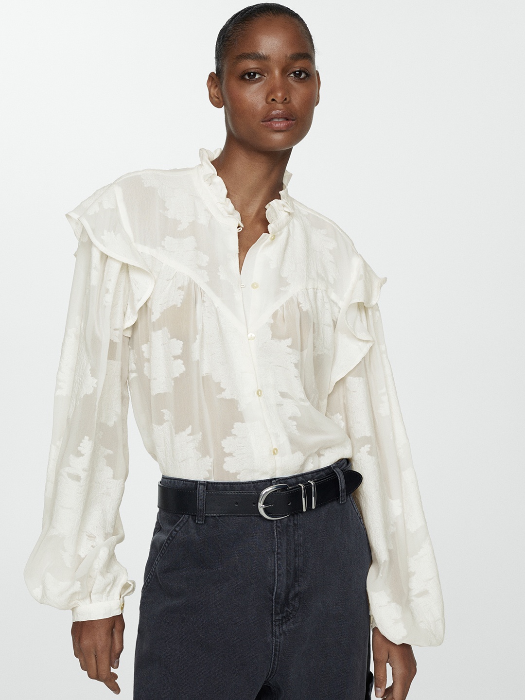 

MANGO Ruffles Detail Self Designed Shirt Style Top, White