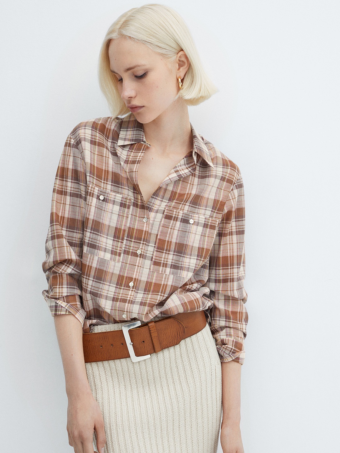 

MANGO Women Checked Casual Shirt, Brown