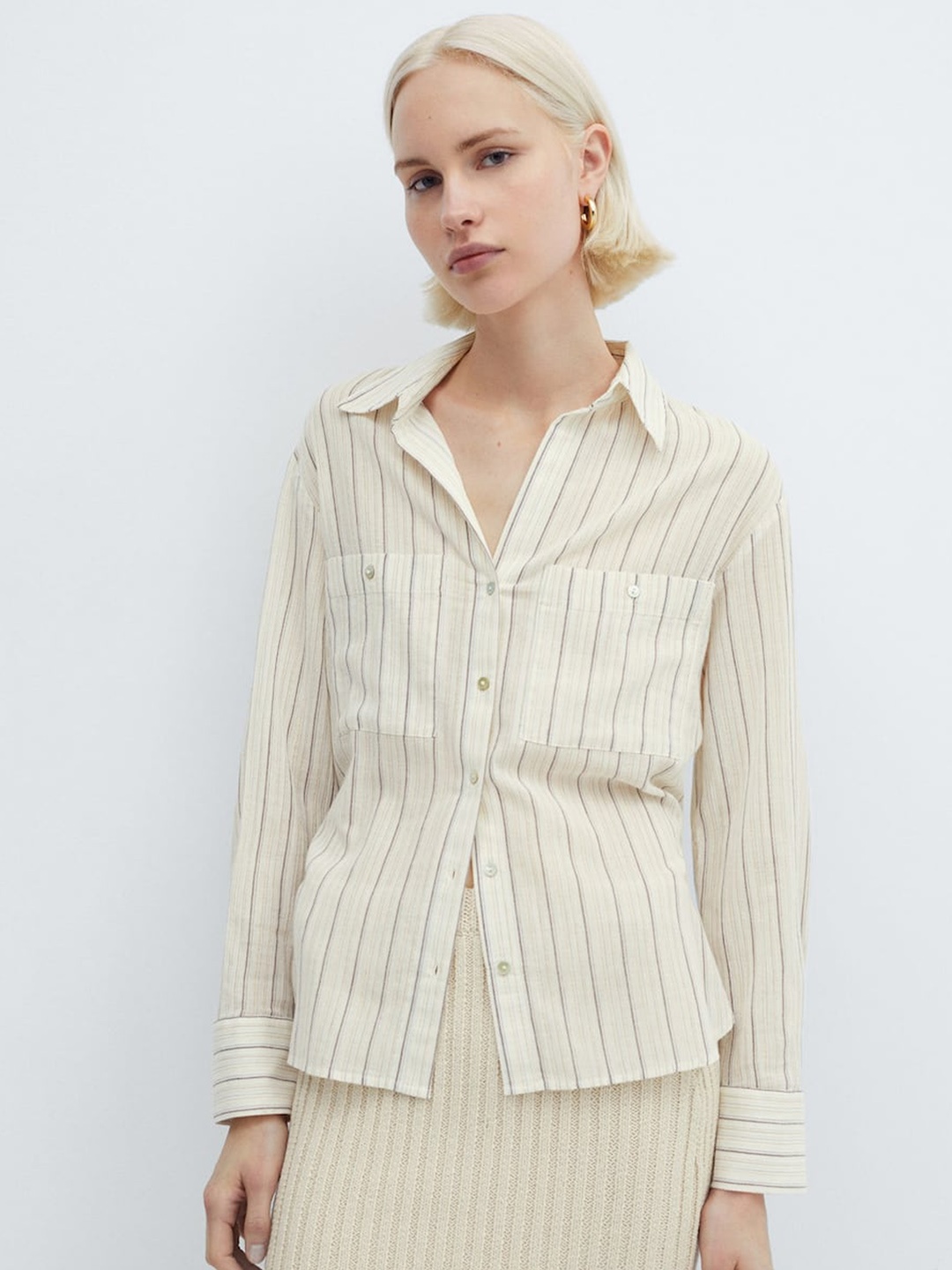 

MANGO Women Striped Casual Shirt, Off white