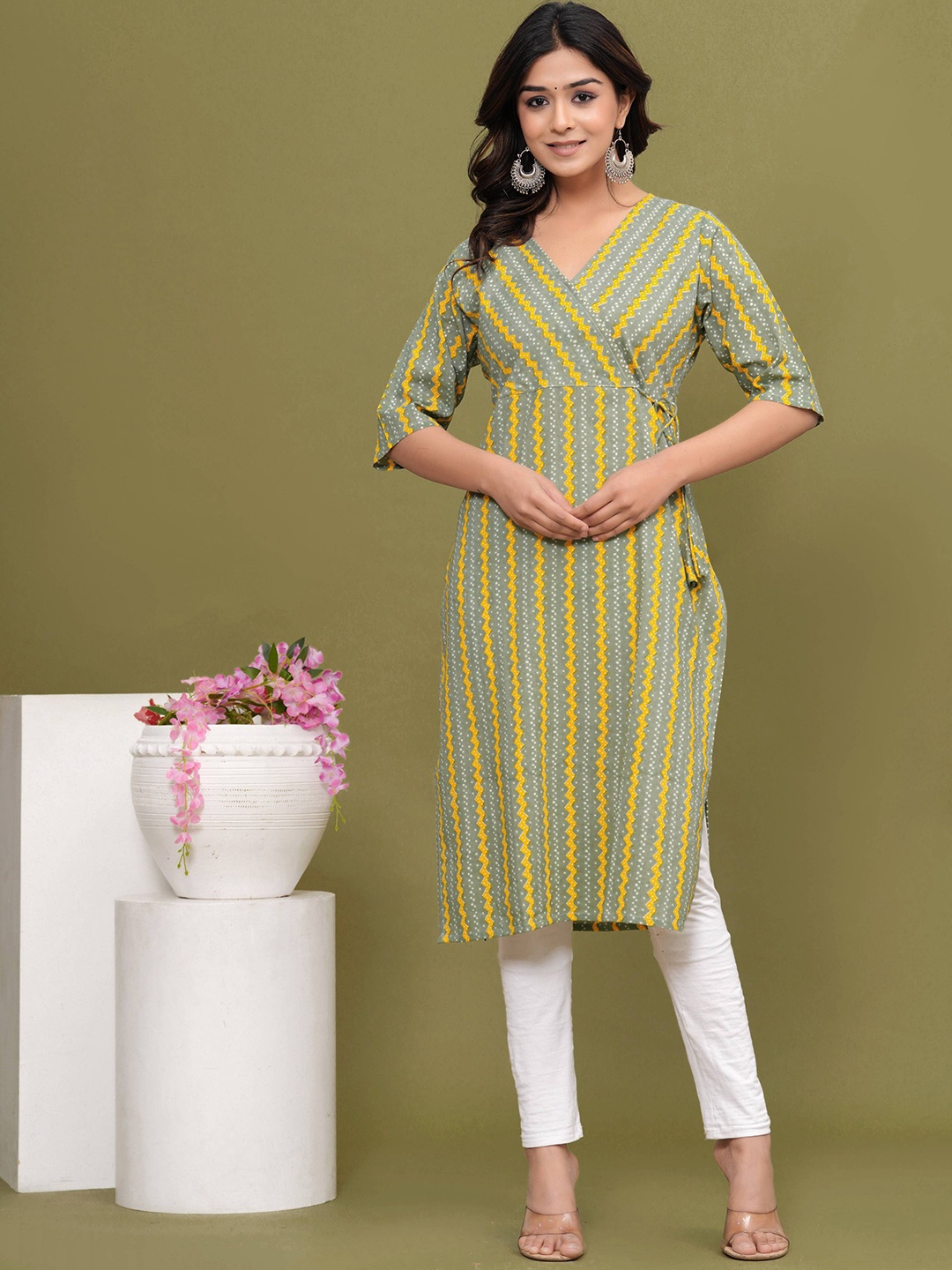 

KALINI Striped V-Neck Tie Up Angrakha Kurta, Green