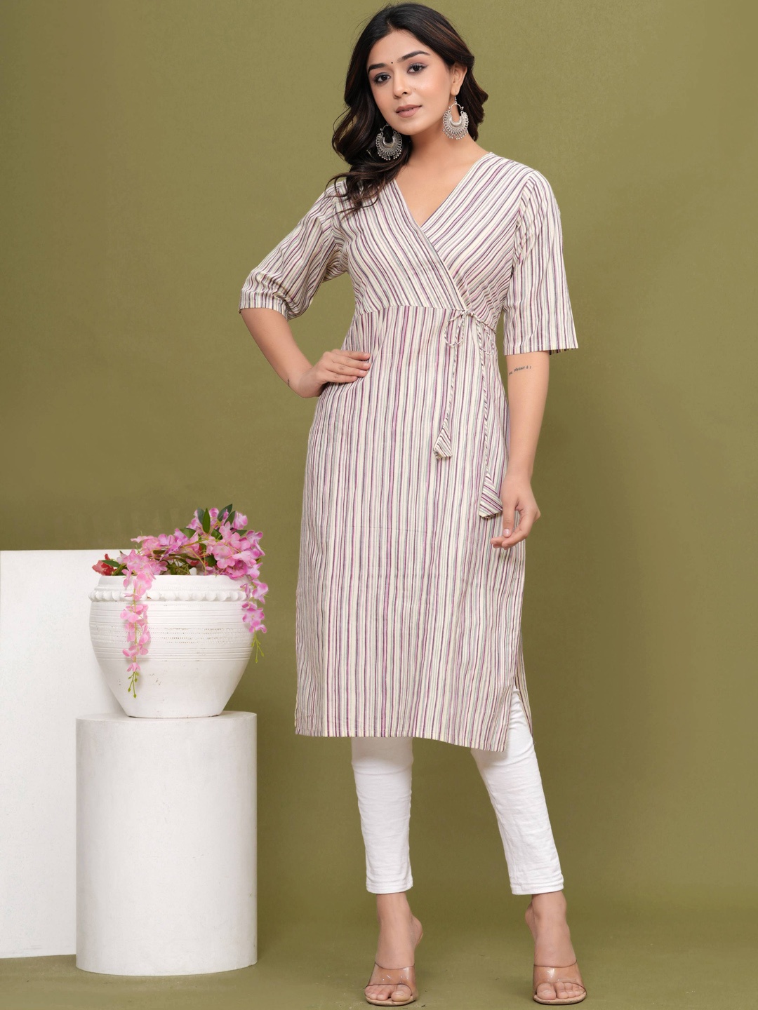 

KALINI Striped V-Neck Tie Up Angrakha Kurta, Beige