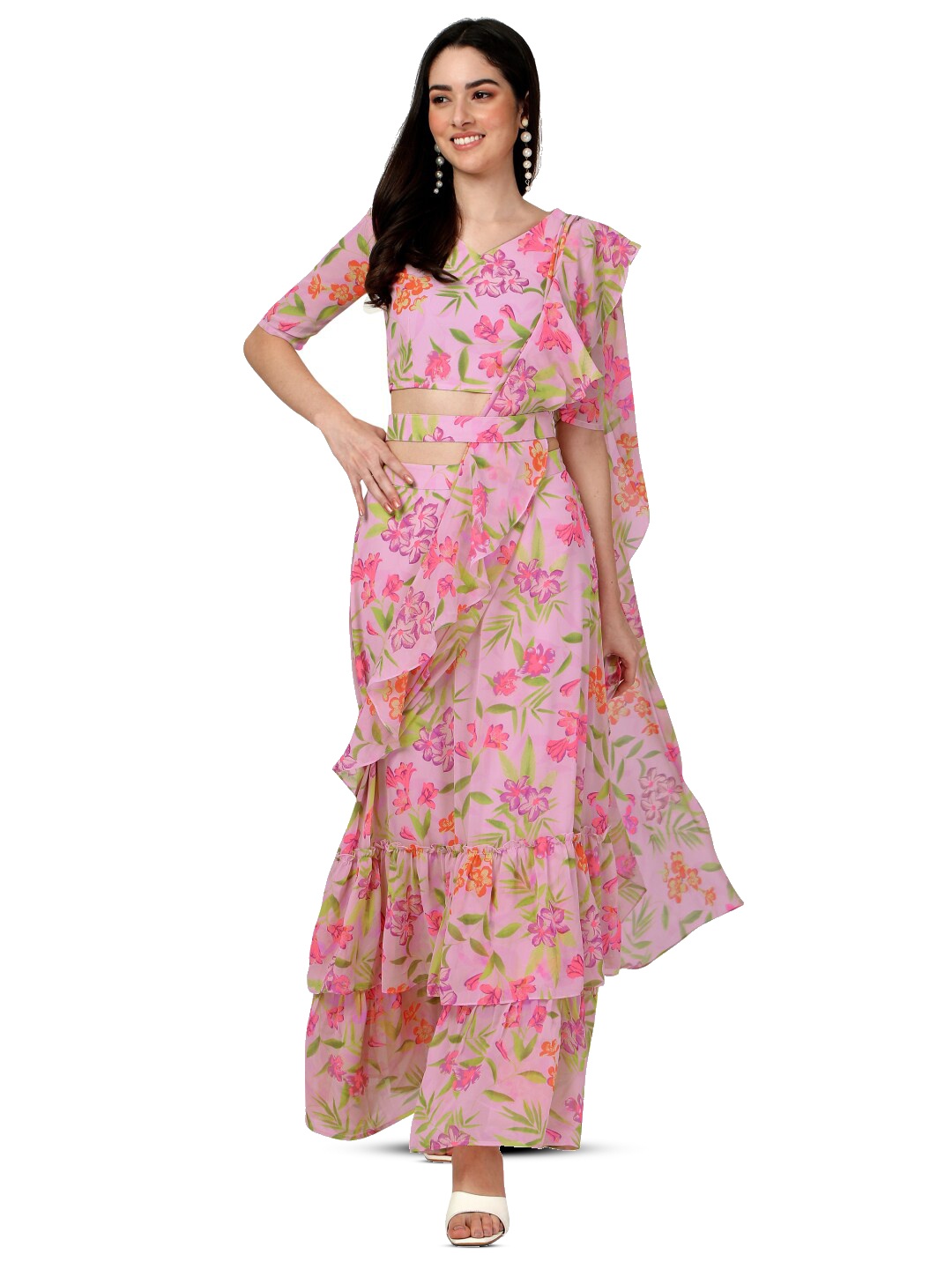 

FAB GALAXY Floral Ready to Wear Saree, Pink