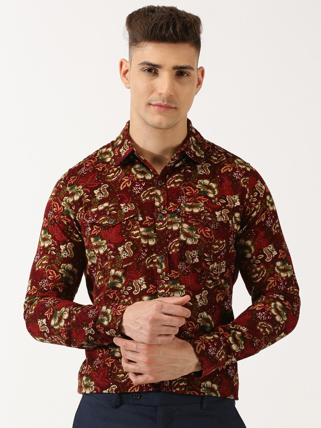 

Thomas Scott Classic Slim Fit Corduroy Floral Printed Pure Cotton Semiformal Shirt, Maroon