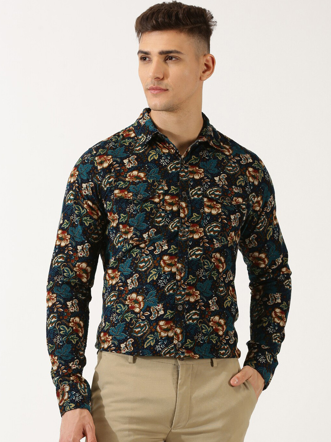 

Thomas Scott Classic Slim Fit Corduroy Floral Printed Pure Cotton Semiformal Shirt, Navy blue