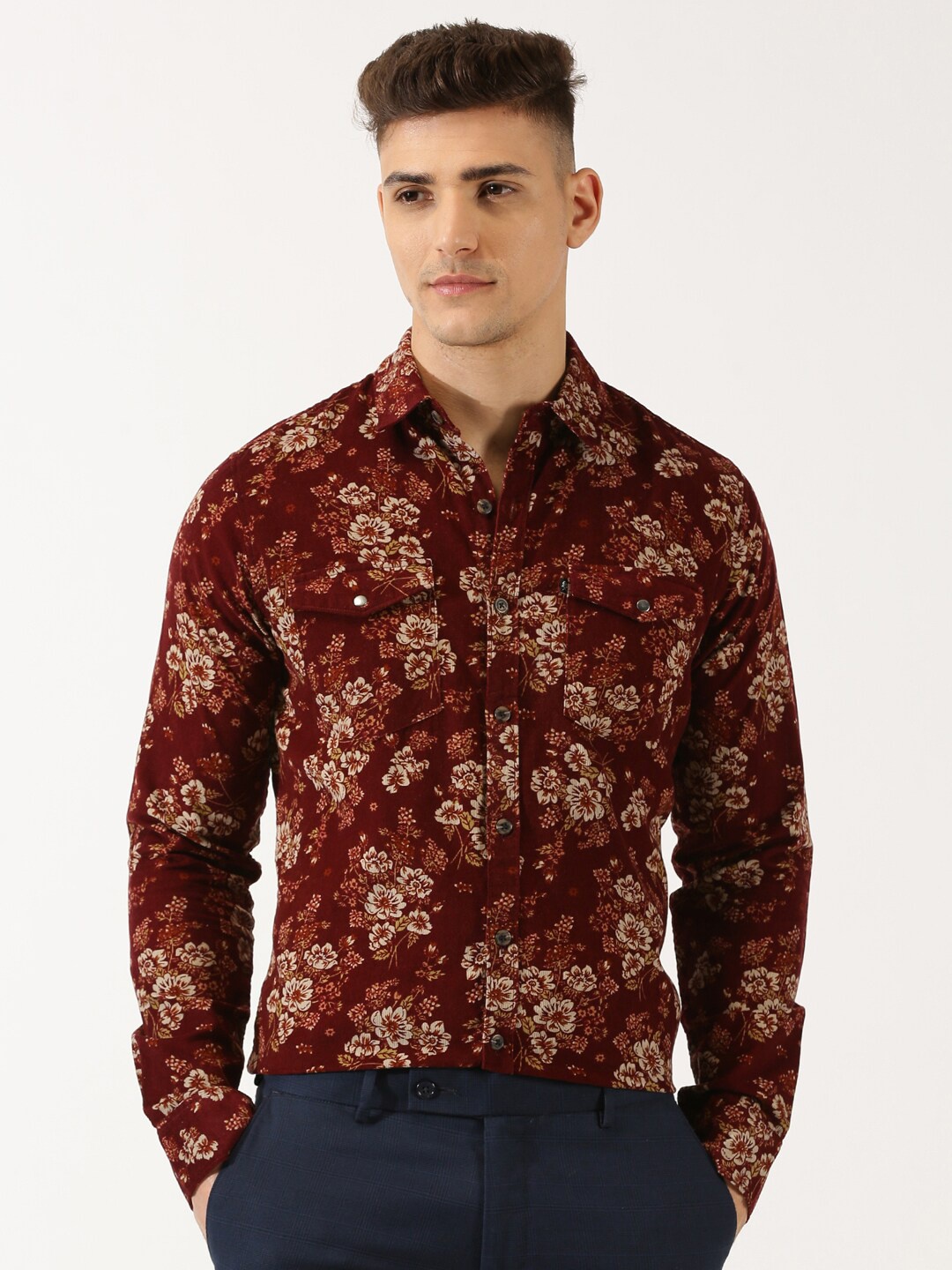 

Thomas Scott Classic Slim Fit Floral Printed Casual Corduroy Cotton Shirt, Maroon