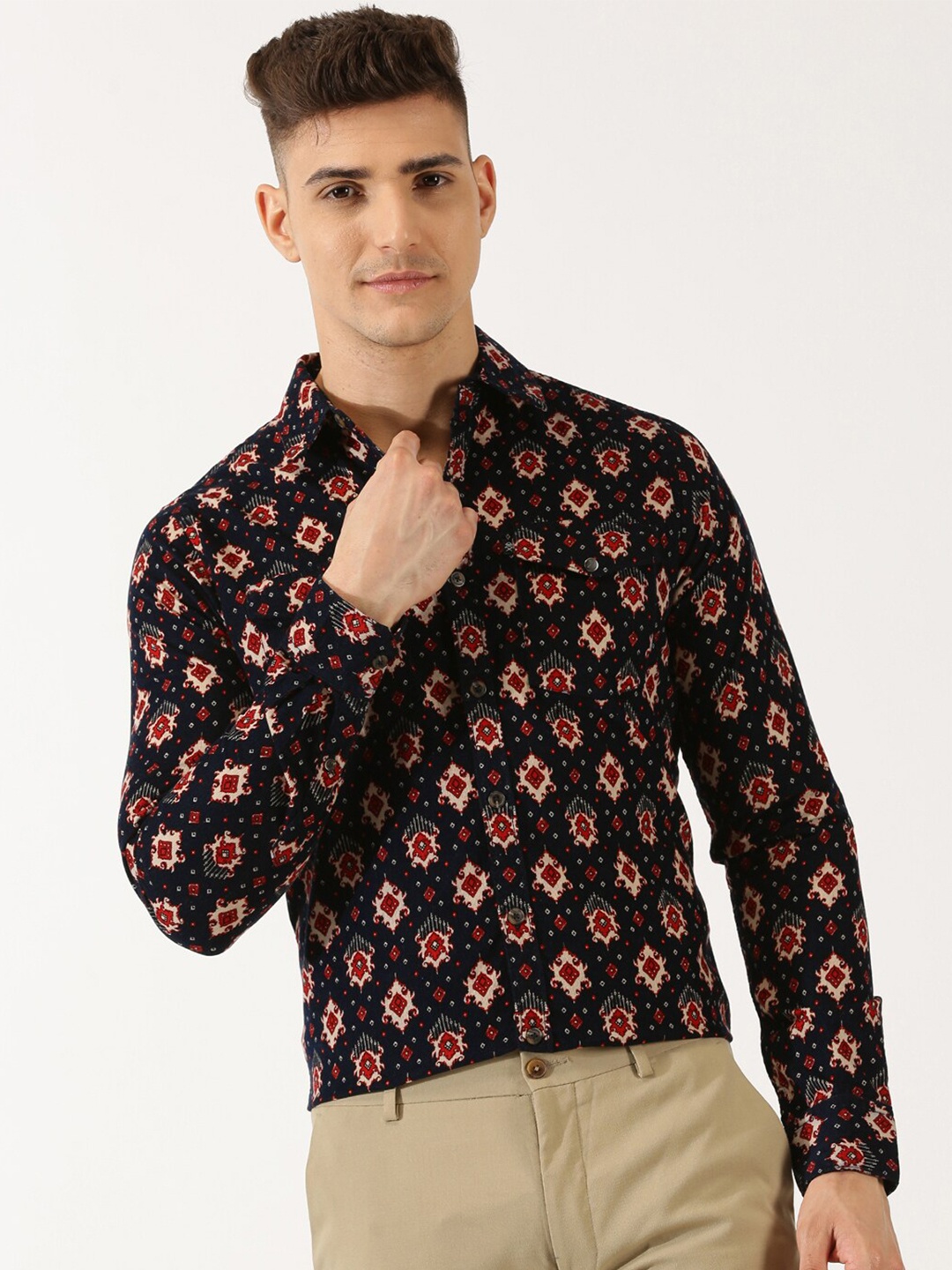 

Thomas Scott Classic Slim Fit Ethnic Motifs Printed Cotton Corduroy Semiformal Shirt, Navy blue