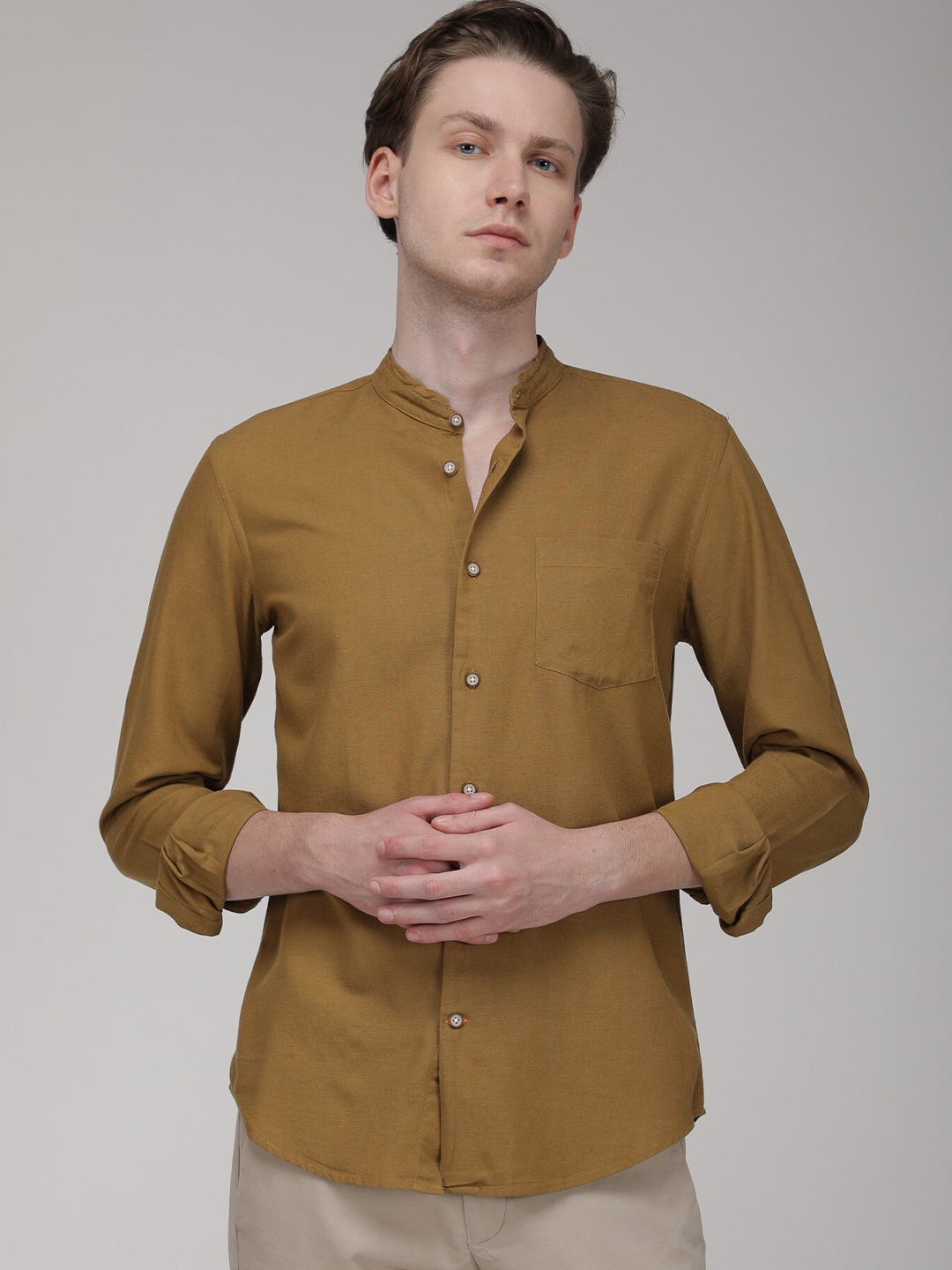 

BARE BROWN Mandarin Collar Cotton Linen Slim Fit Opaque Casual Shirt