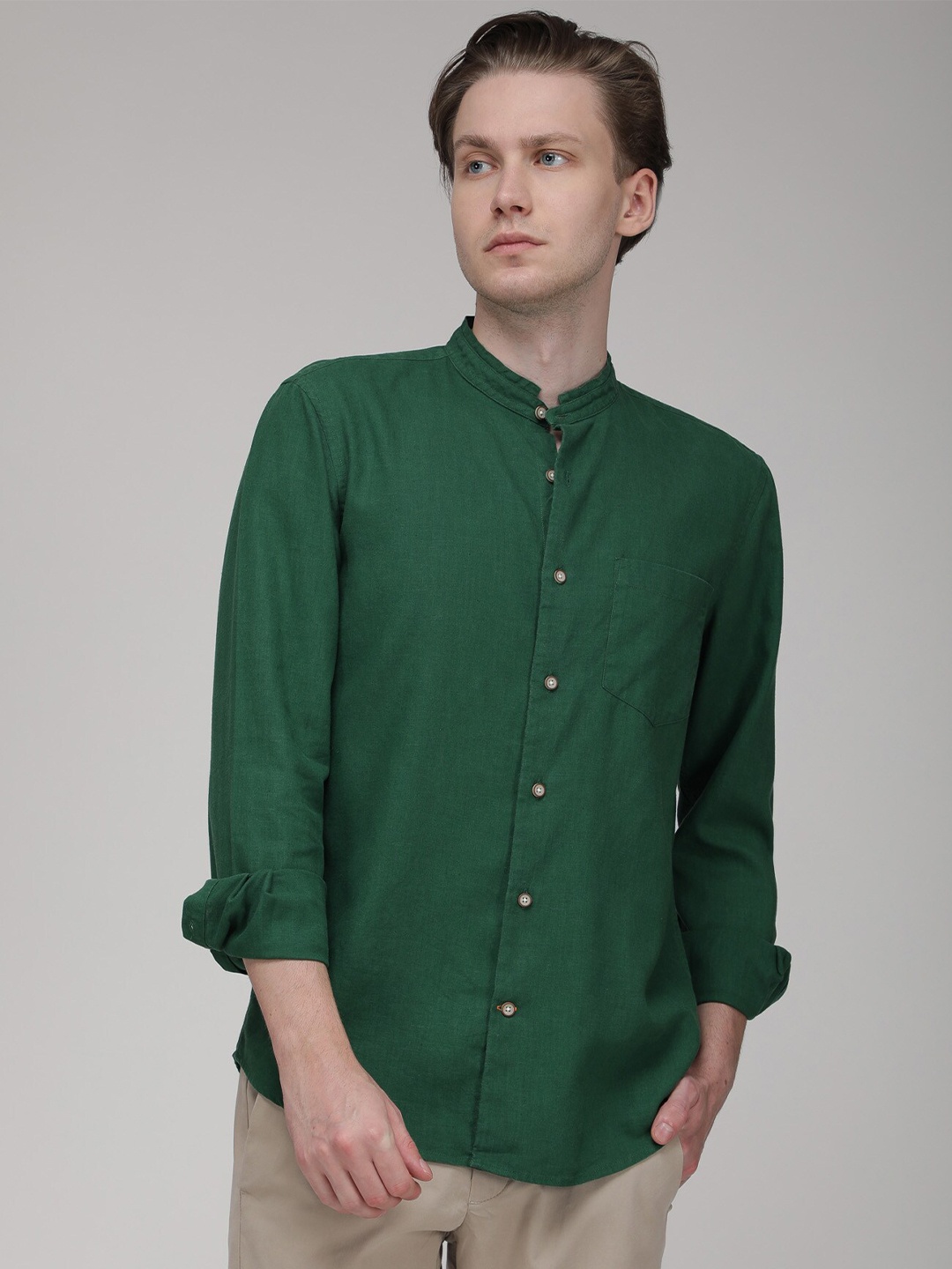 

BARE BROWN Mandarin Collar Cotton Linen Slim Fit Opaque Casual Shirt, Green