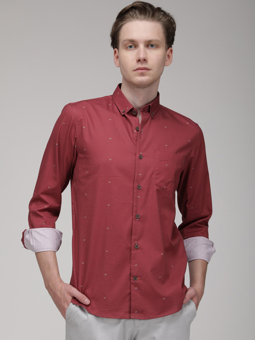 

BARE BROWN Button down Collar Slim Fit Opaque Cotton Printed Casual Shirt, Pink