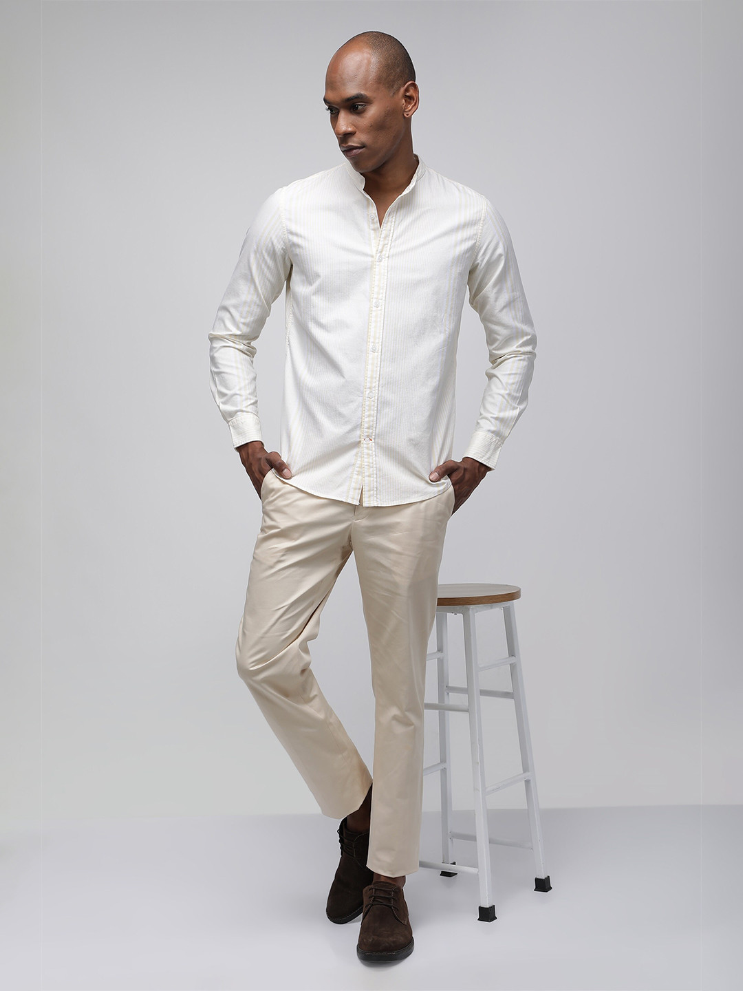 

BARE BROWN Mandarin Collar Cotton Slim Fit Opaque Casual Shirt, Yellow