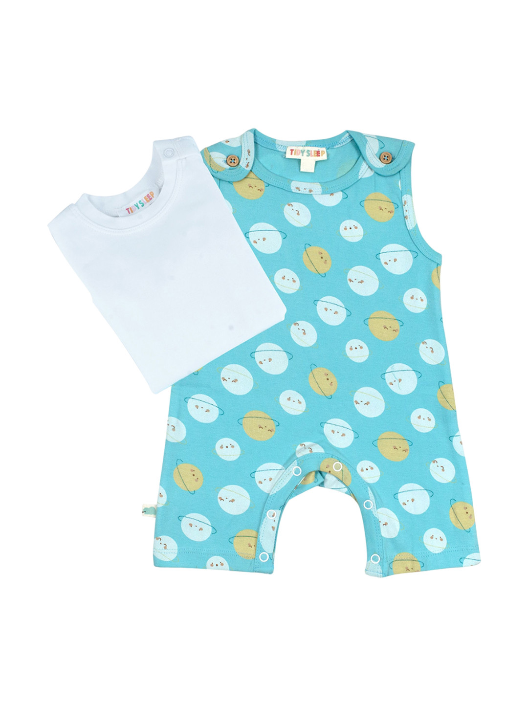 

TIDY SLEEP Printed Pure Cotton Romper with T-Shirt, Blue