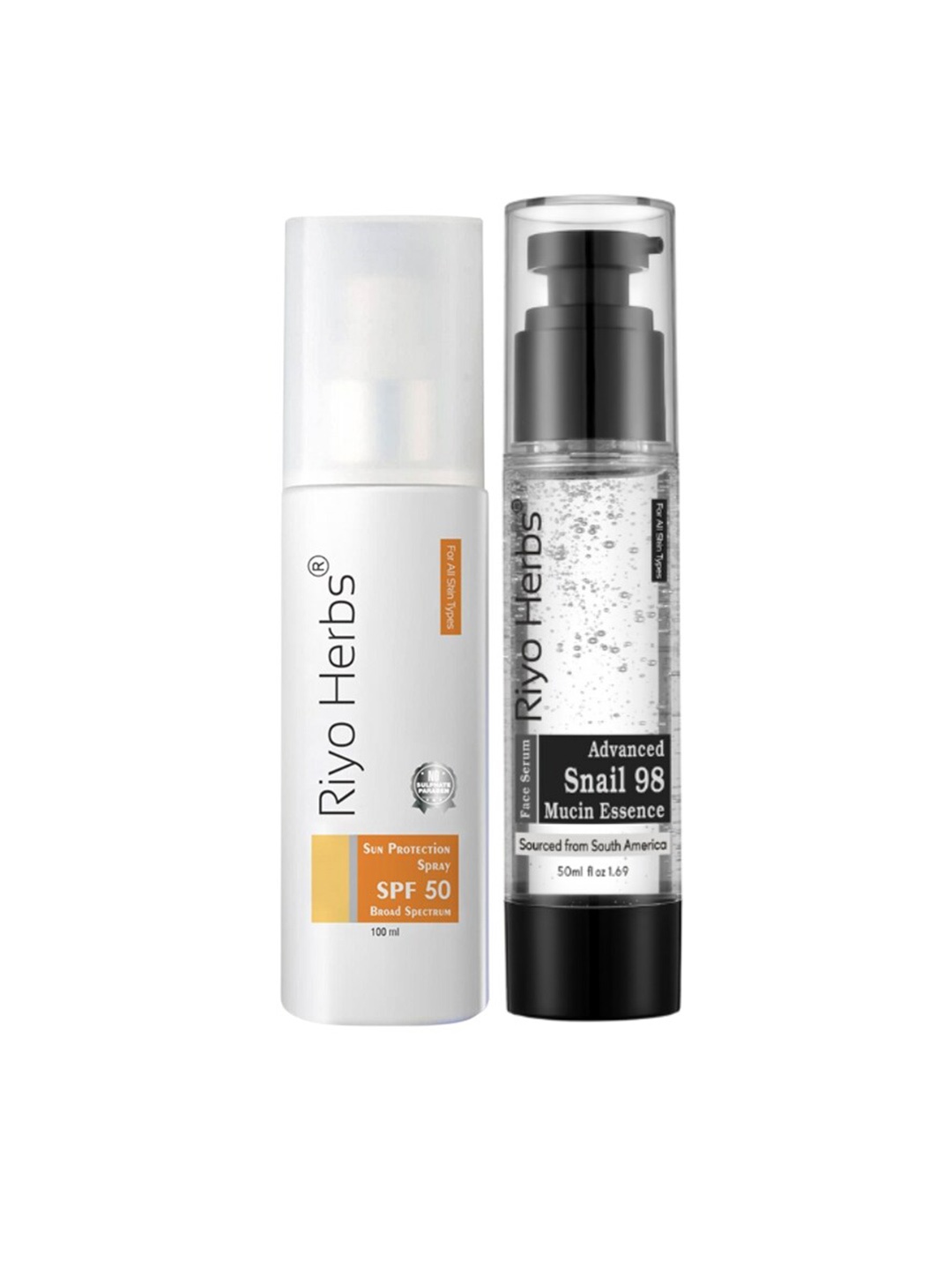 

Riyo Herbs Snail 98 Mucin Essence Face Serum 50ml & Sunscreen SPF50 Spray 100ml Combo, Transparent