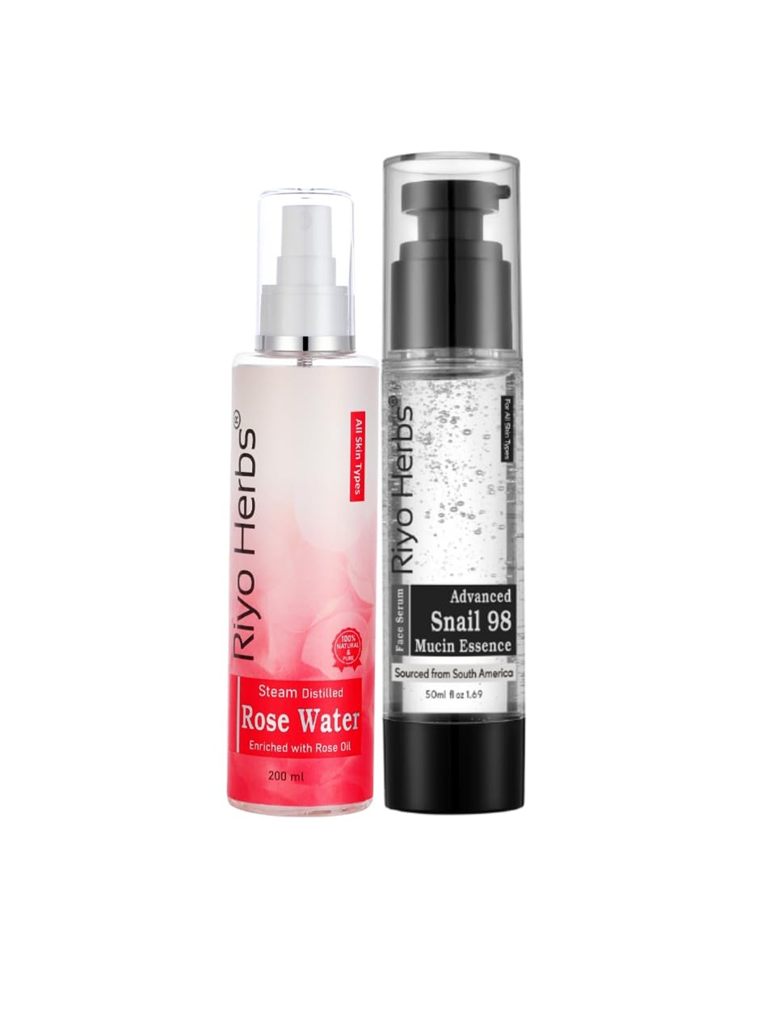 

Riyo Herbs Snail 98 Mucin Essence Serum 50ml & Rose Water 200ml Combo, Transparent
