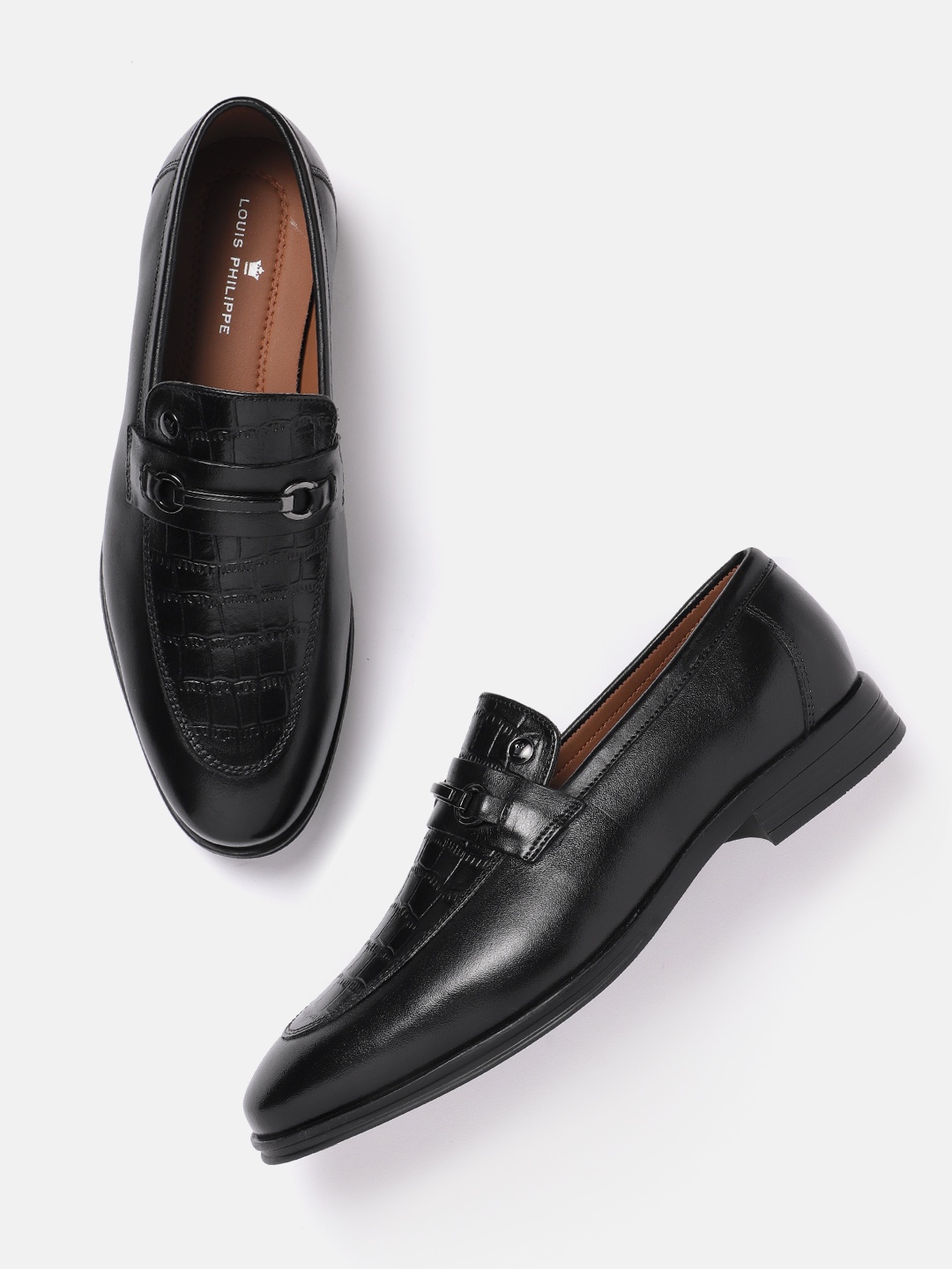 

Louis Philippe Men Leather Croc Textured Formal Horsebit Loafers, Black
