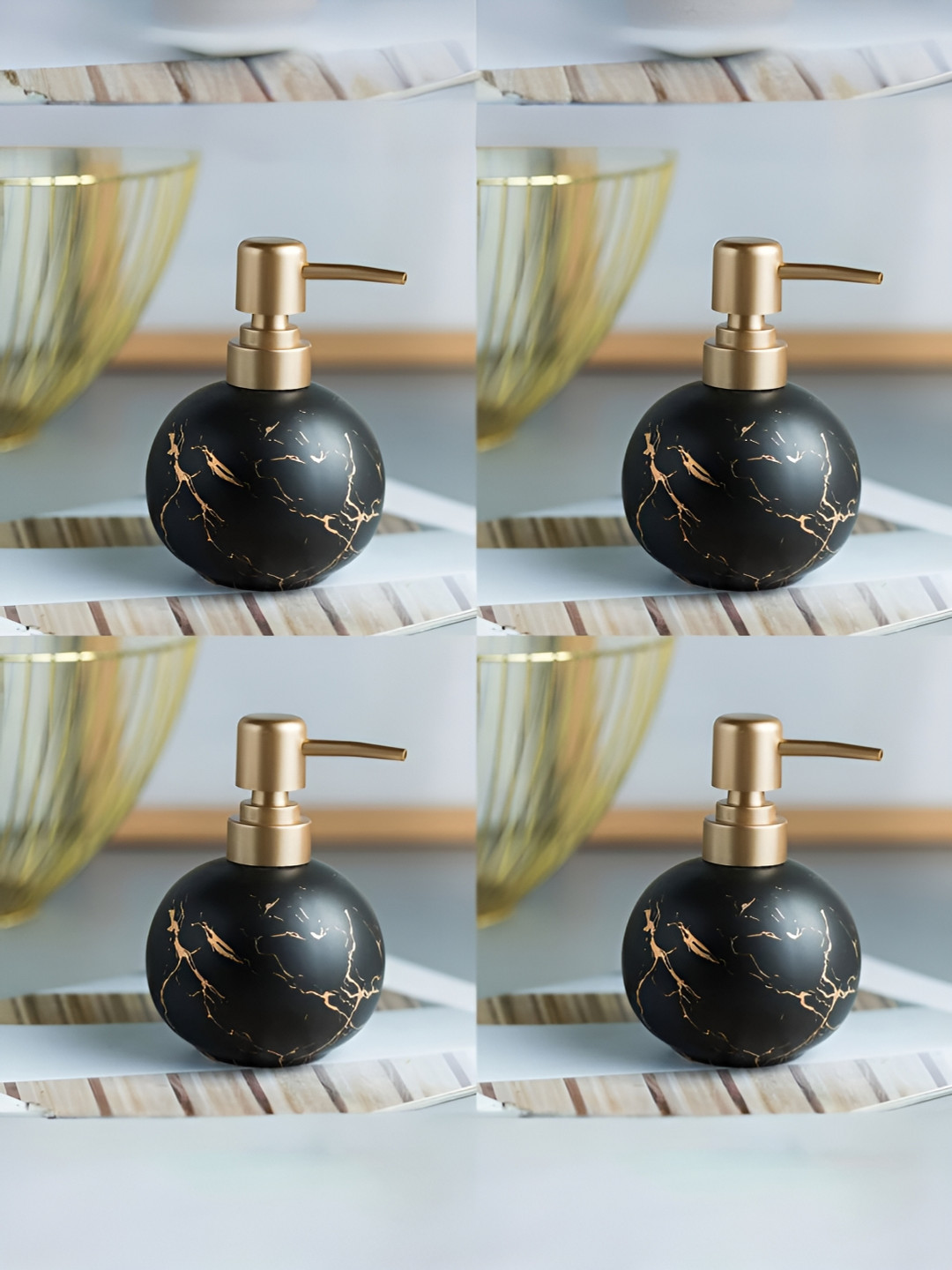 

USHA SHRIRAM Black & Gold-Toned 4Pcs Ceramic Glossy Soap Dispensers 300ml Each