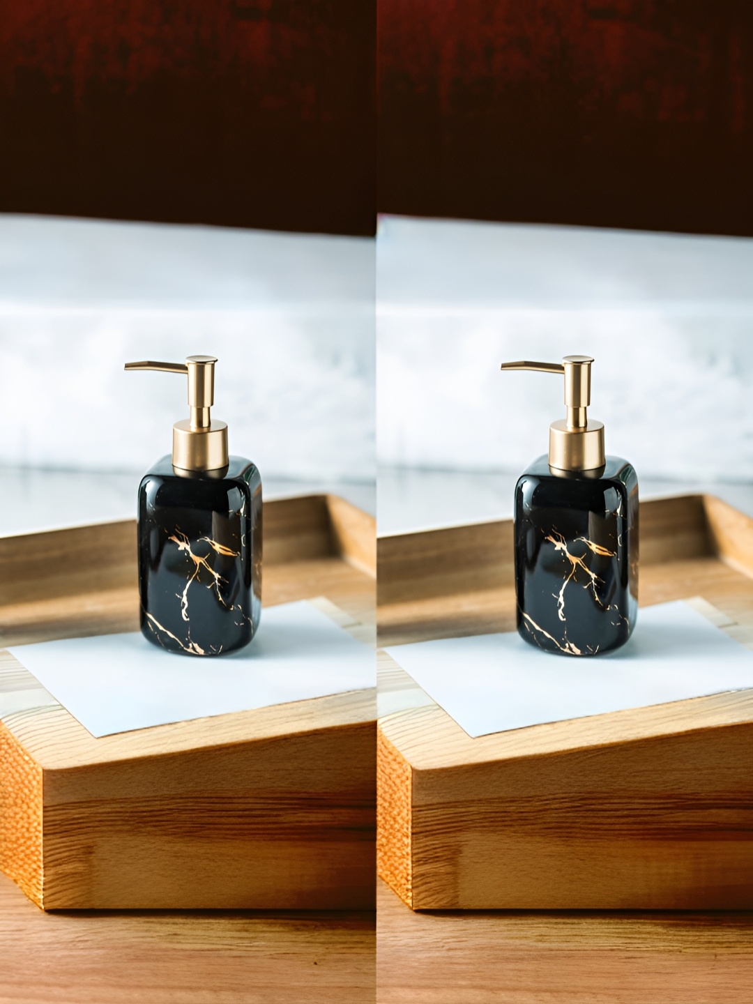 

USHA SHRIRAM Black & Gold Toned 2 Pieces Ceramic Soap Dispenser 300 ml Each
