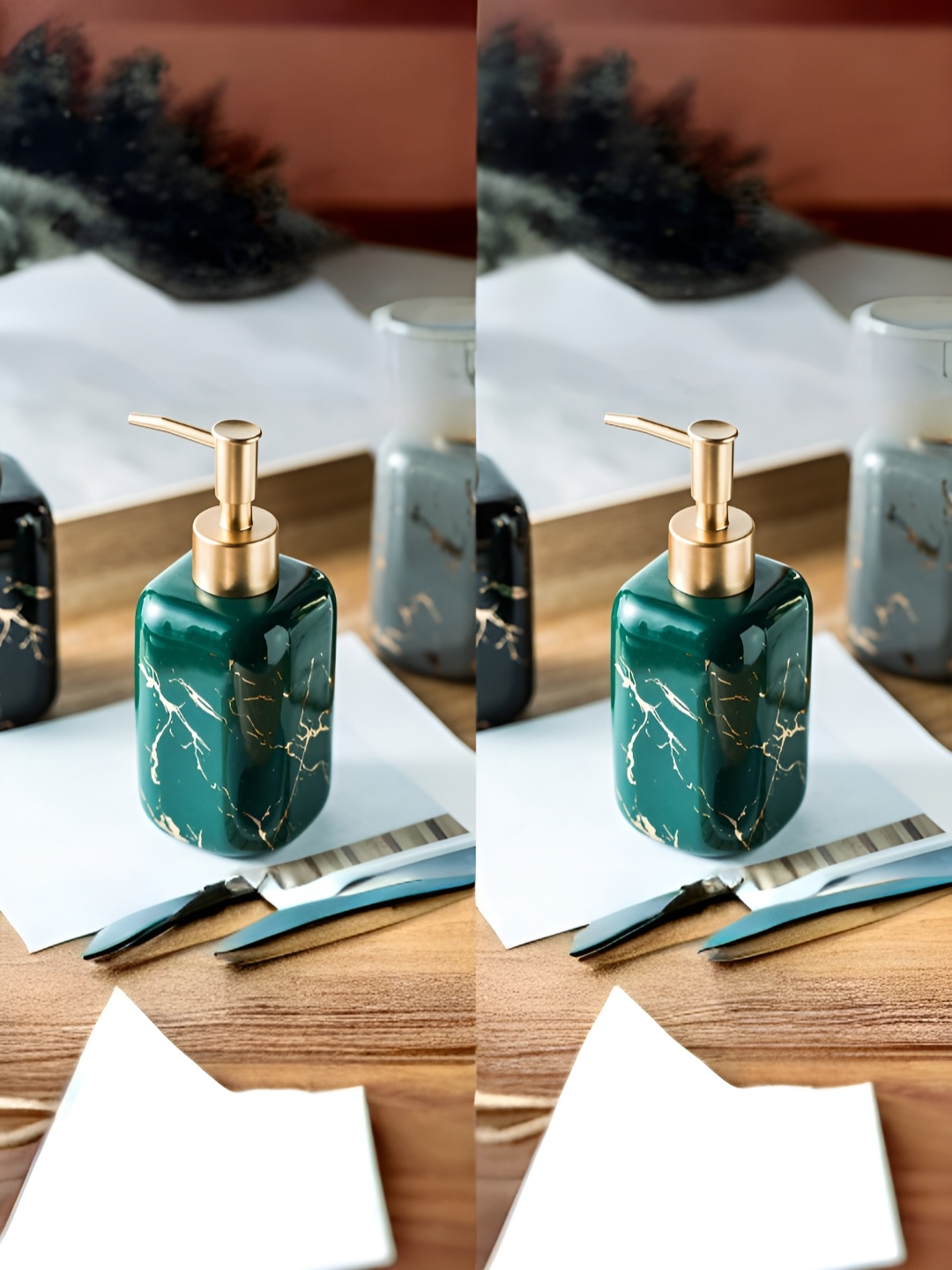 USHA SHRIRAM Green & Gold-Toned 2Pcs Abstract Ceramic Glossy Soap Dispensers 300ml