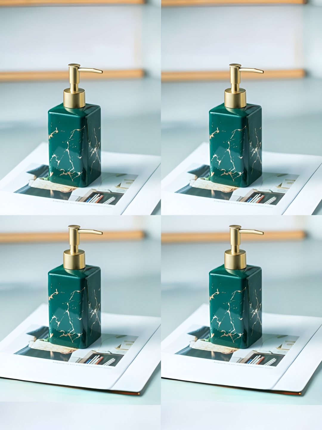 USHA SHRIRAM Green & Gold-Toned 4Pcs Textured Ceramic Glossy Soap Dispensers 320ml Each